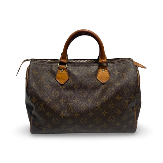 Speedy 30 Coated Canvas Monogram Brown with Brass Hardware Handbag Luxury Designer By Louis Vuitton Size: Medium