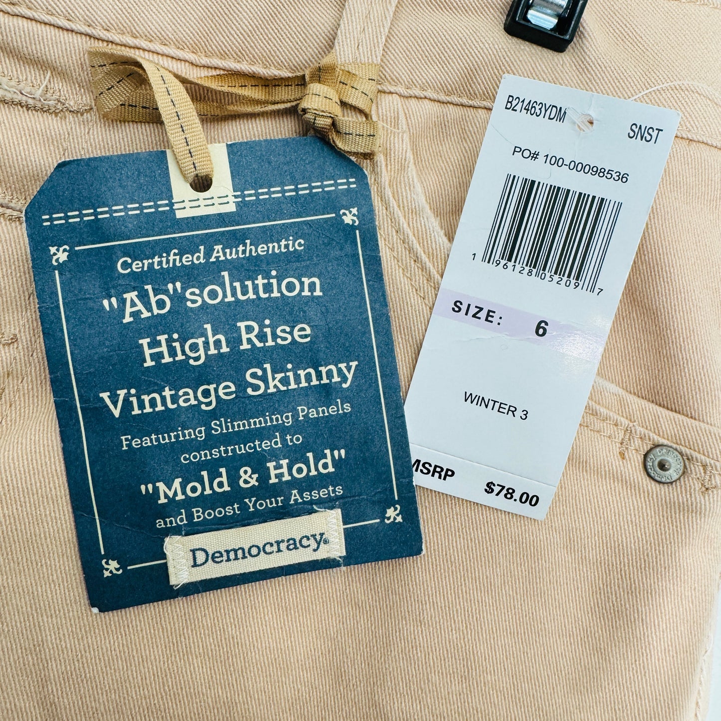 NWT Absolution High Rise Vintage Tan Jeans Skinny By Democracy  Size: 6
