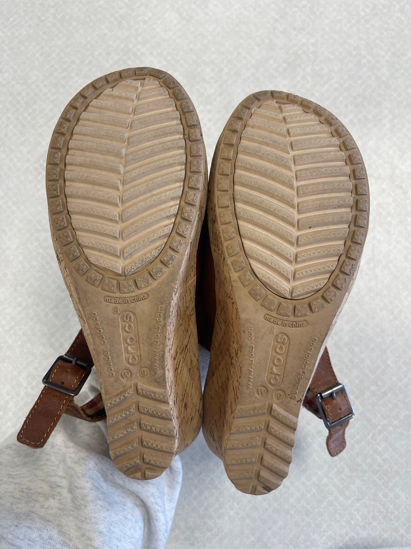 Sandals Heels Wedge By Crocs In Tan, Size: 9