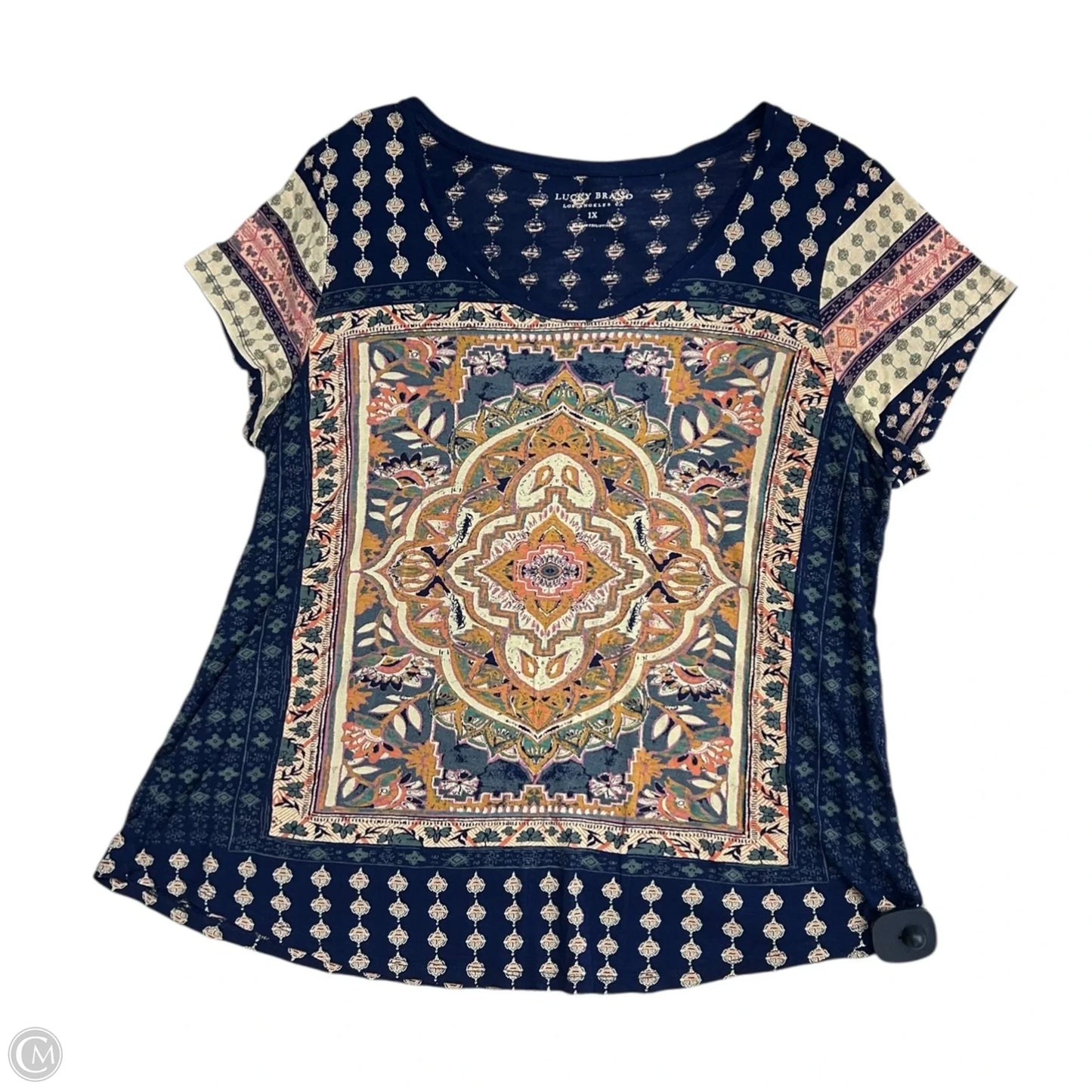 Top Short Sleeve By Lucky Brand In Blue & Gold, Size: 1x