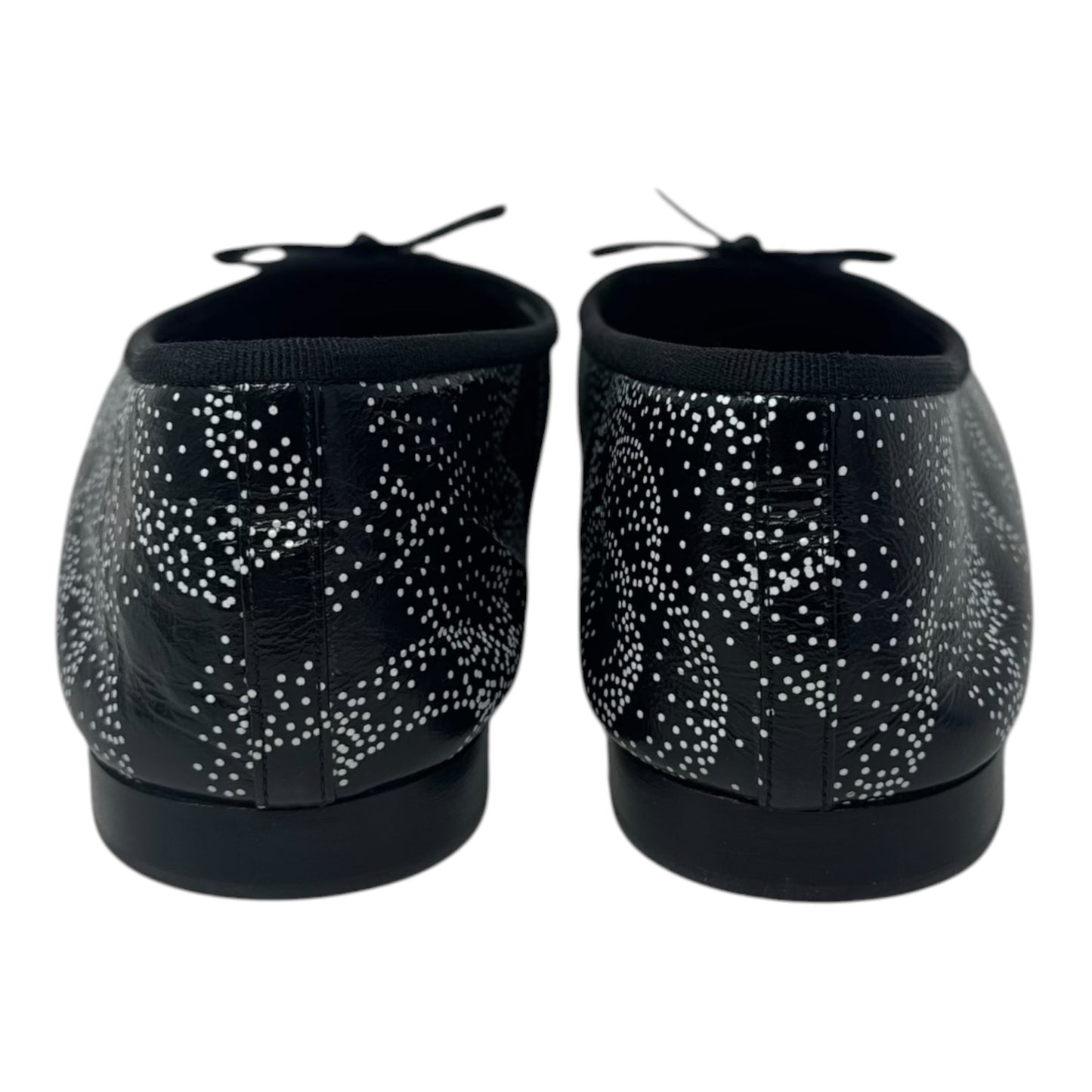 Camellia Printed Leather Cap Toe Ballerina Flats Shoes Luxury Designer By Chanel In Black & White, Size: 39.5