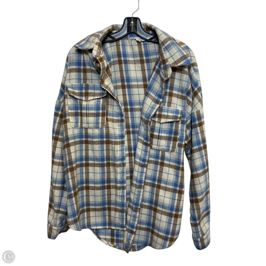 Jacket Shirt By Peach Love Cream California In Plaid Pattern, Size: L
