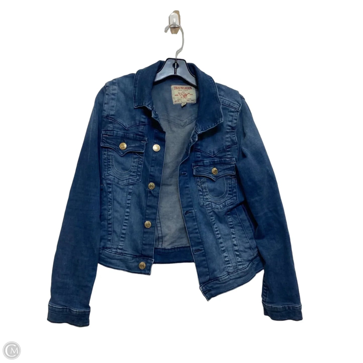 Jacket Designer By True Religion In Blue Denim, Size: L