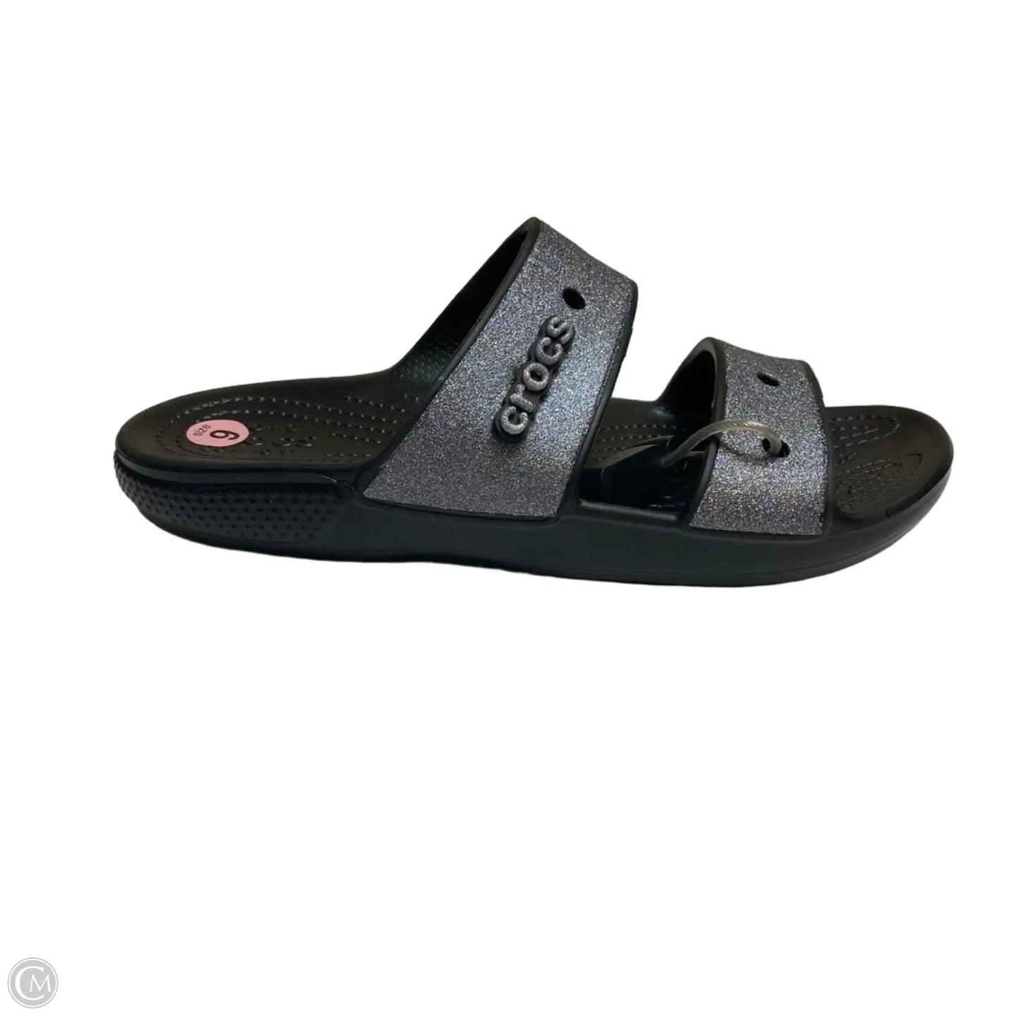 Sandals Flats By Crocs In Black & Silver, Size: 9
