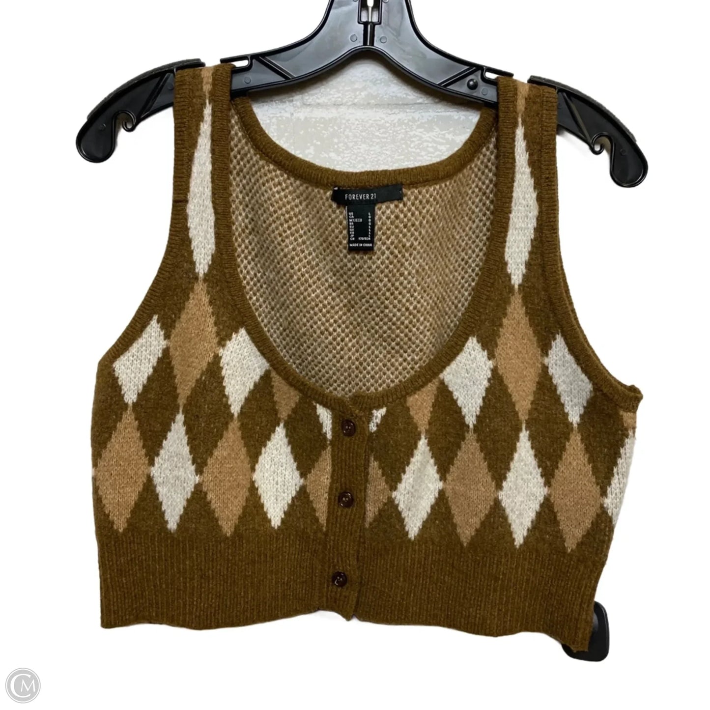 Vest Sweater By Forever 21 In Brown & Cream, Size: L