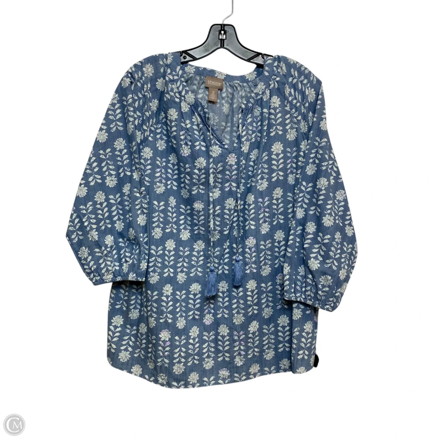 Top 3/4 Sleeve By Chicos In Blue & Cream, Size: L