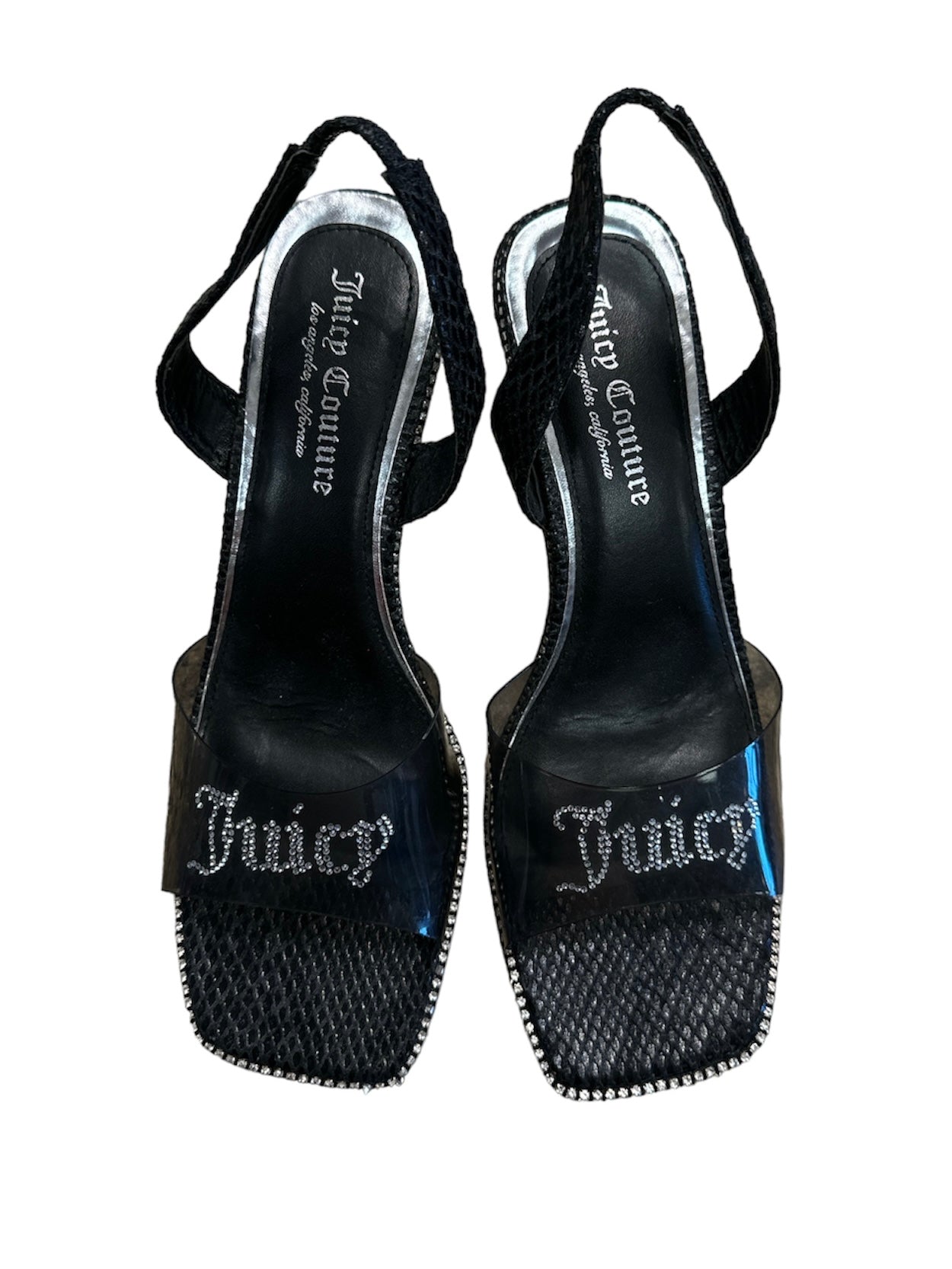 Black & Silver Sandals Heels Stiletto Juicy Couture, Size 9.5