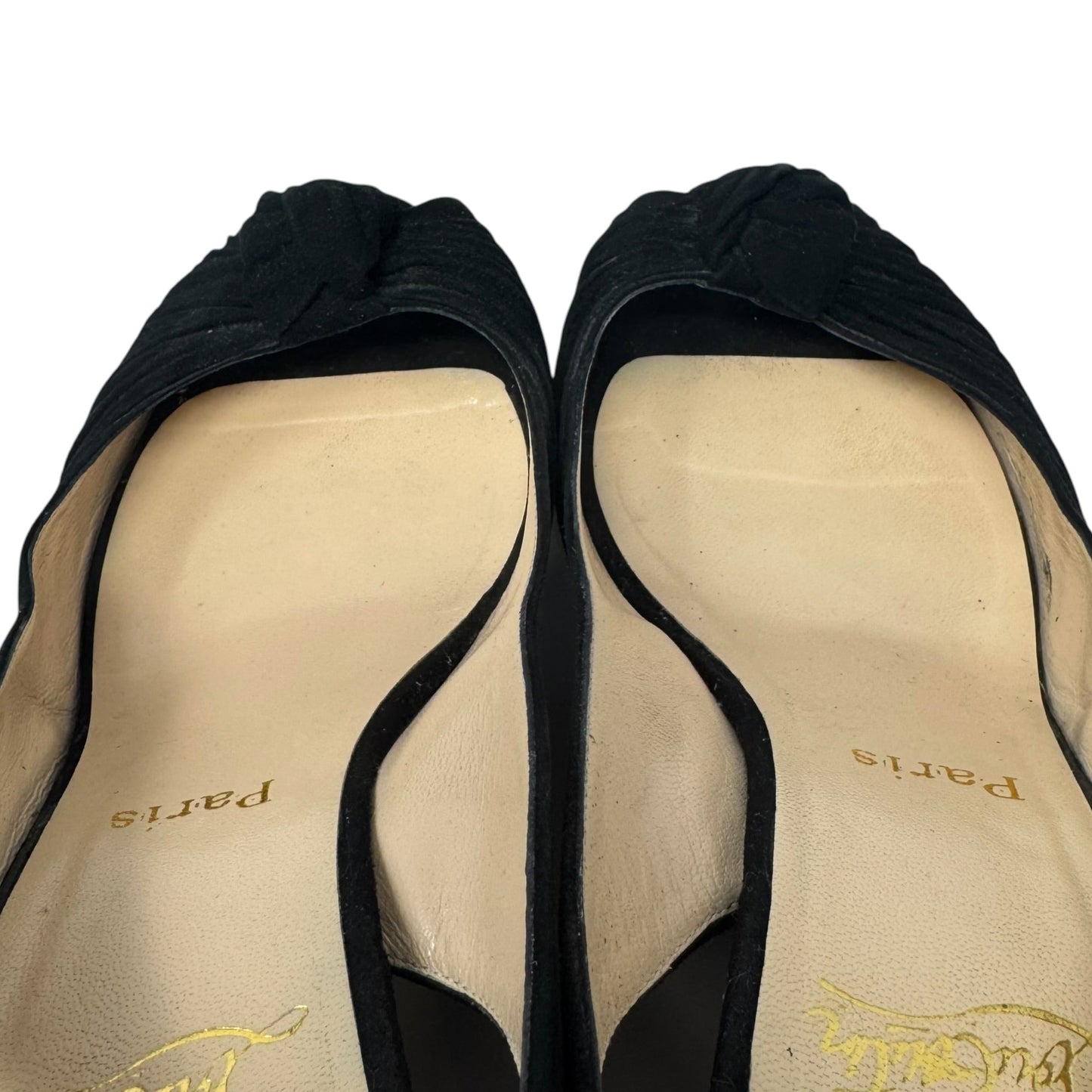 Suede Slingback Wedge Peep Toe Pumps Luxury Designer By Christian Louboutin In Black, Size: 10 (40.5)
