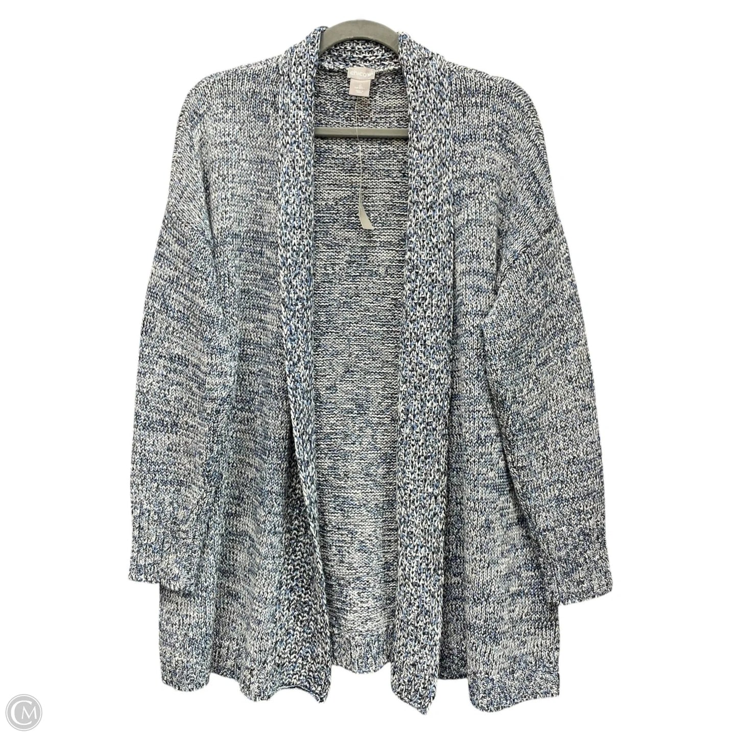 Sweater Cardigan By Chicos In Blue & White, Size: L