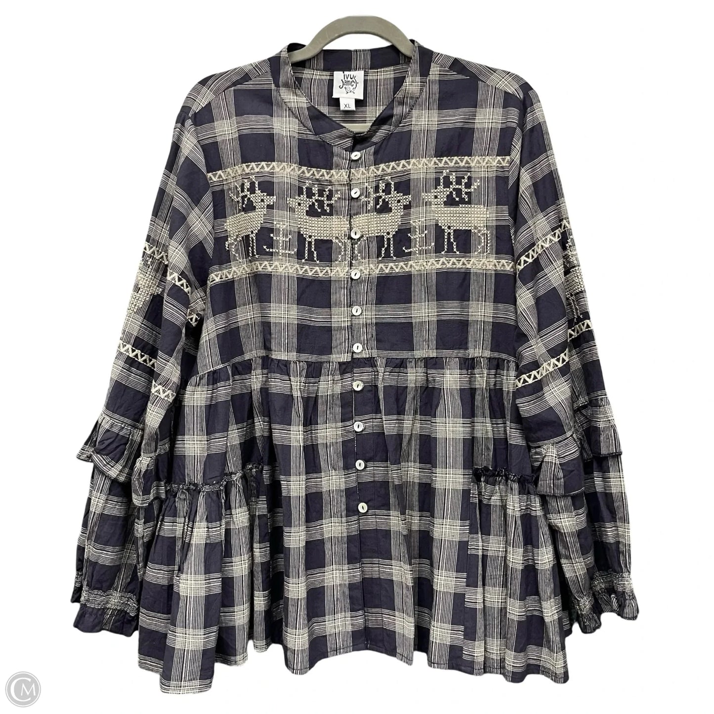 Top Long Sleeve By Ivy Jane In Blue & Cream, Size: Xl