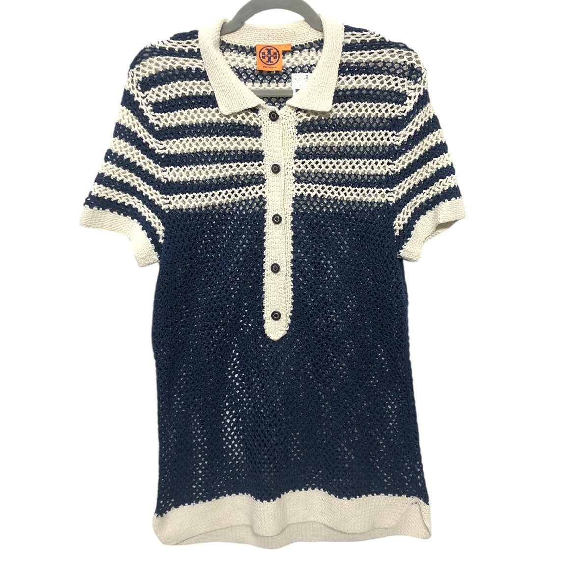 Top Short Sleeve Designer By Tory Burch In Blue & Cream, Size: L