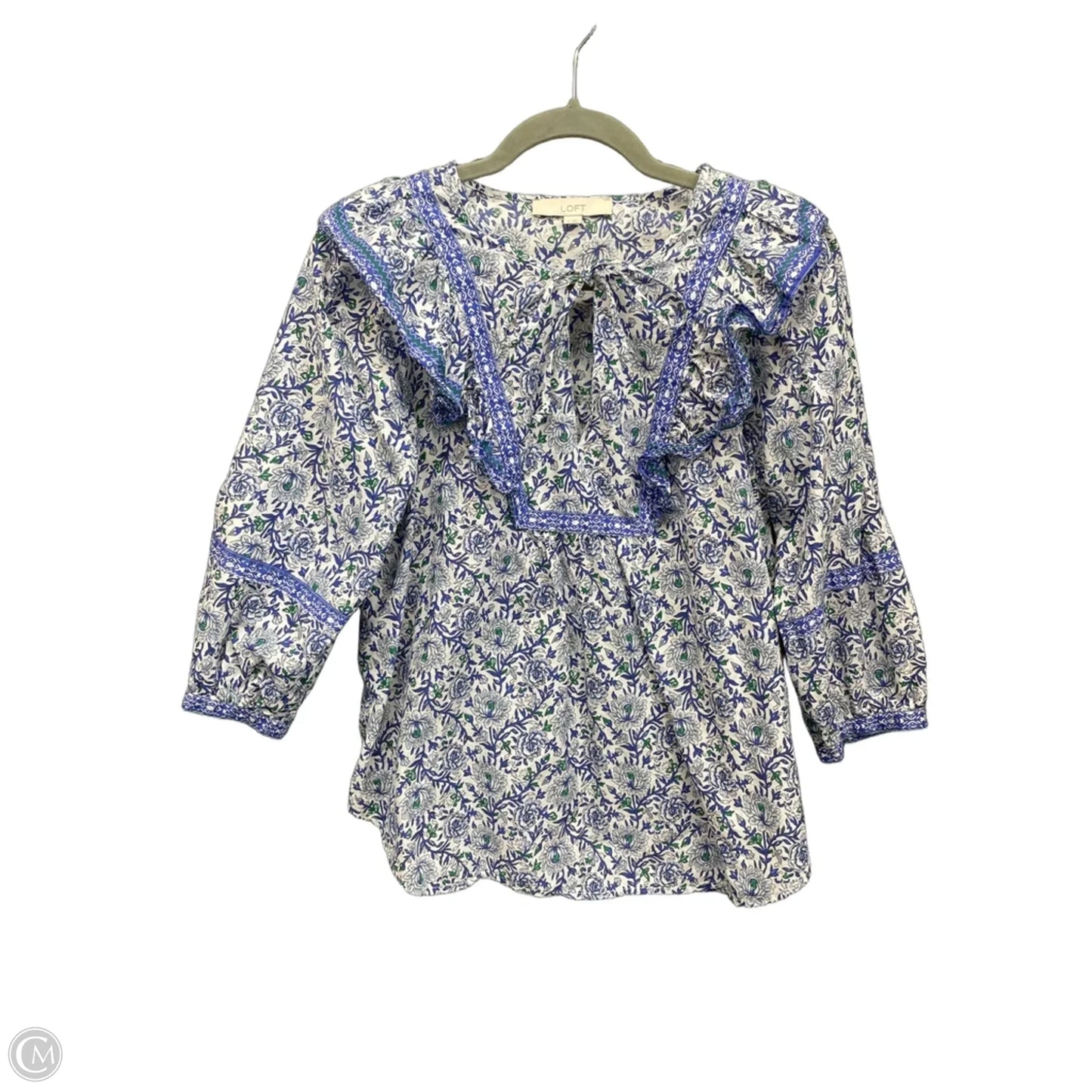 Blouse Long Sleeve By Loft In Blue & White, Size: S