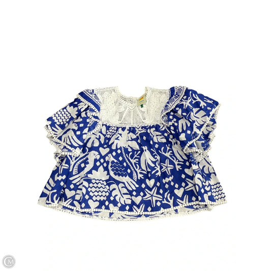Blouse Short Sleeve By Farm Rio In Blue & White, Size: L
