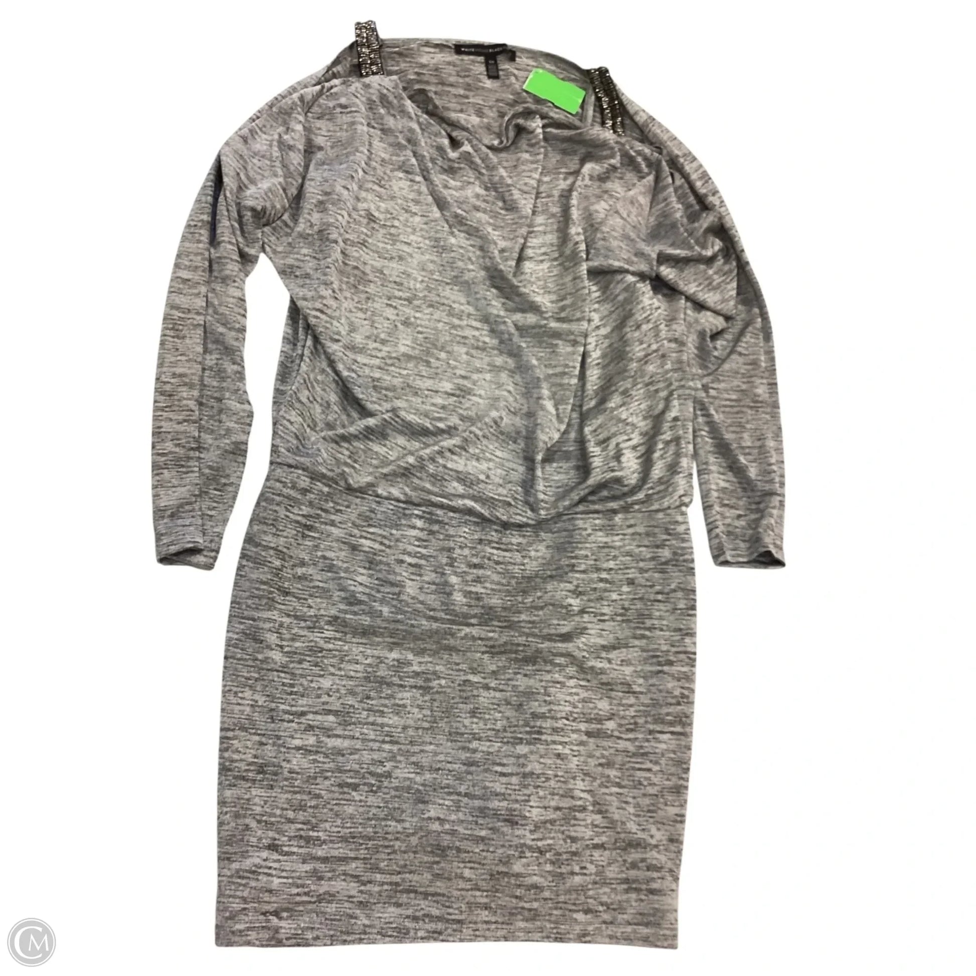 white house black market silver dress White House Black Market Silver Metallic Feather Long Sleeve A Line Mini Dress M