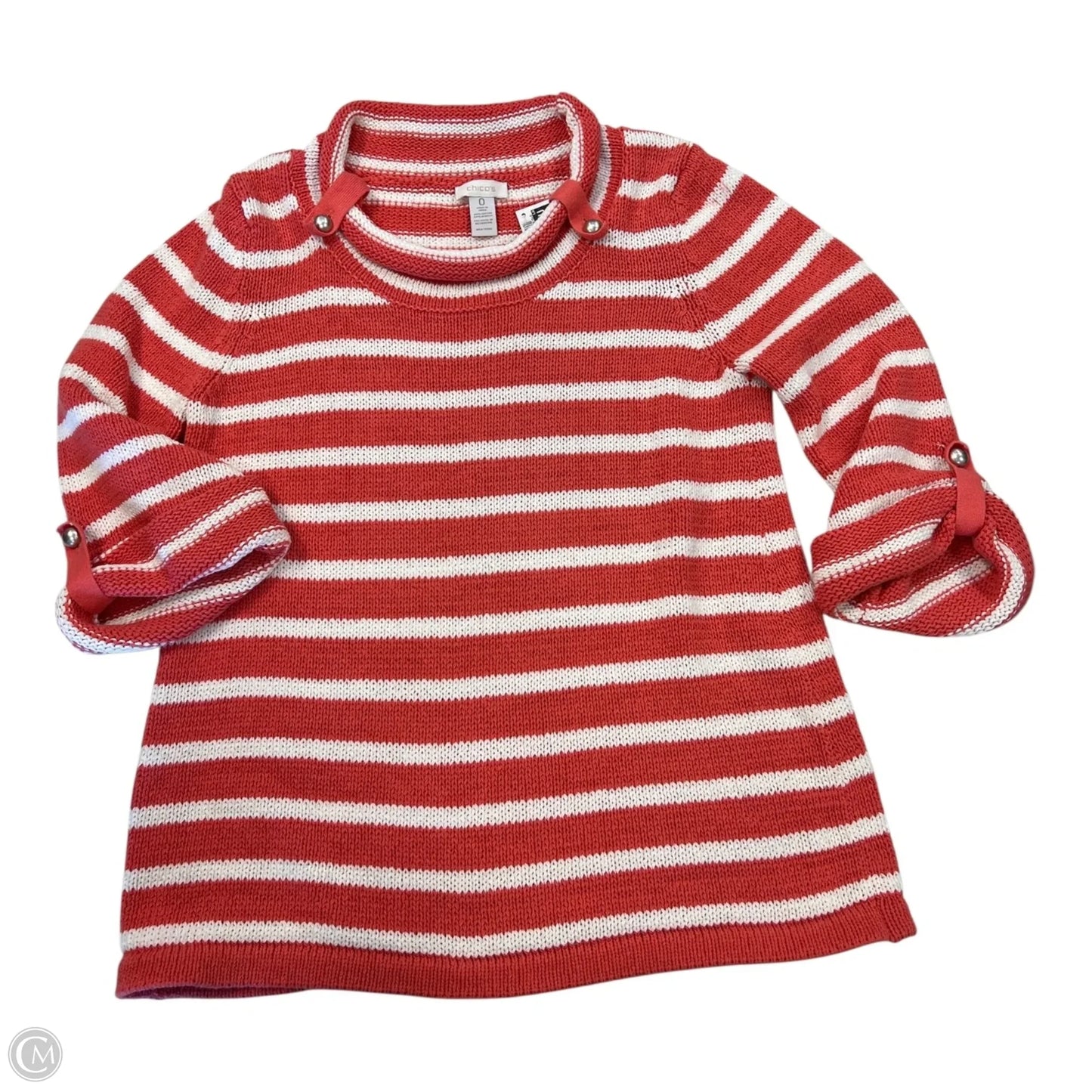 Sweater By Chicos In Orange & White, Size: S