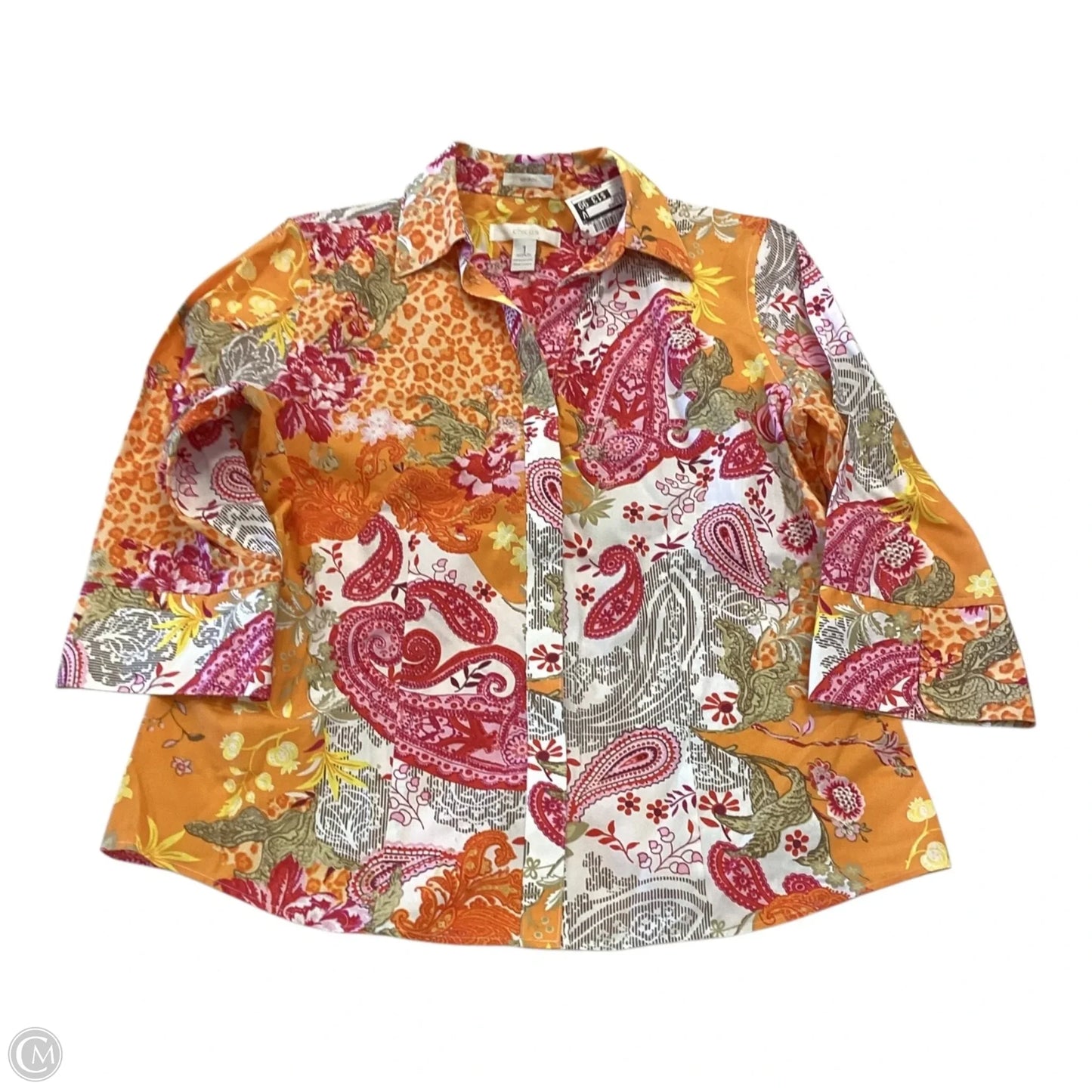 Top 3/4 Sleeve By Chicos In Orange & Red, Size: M