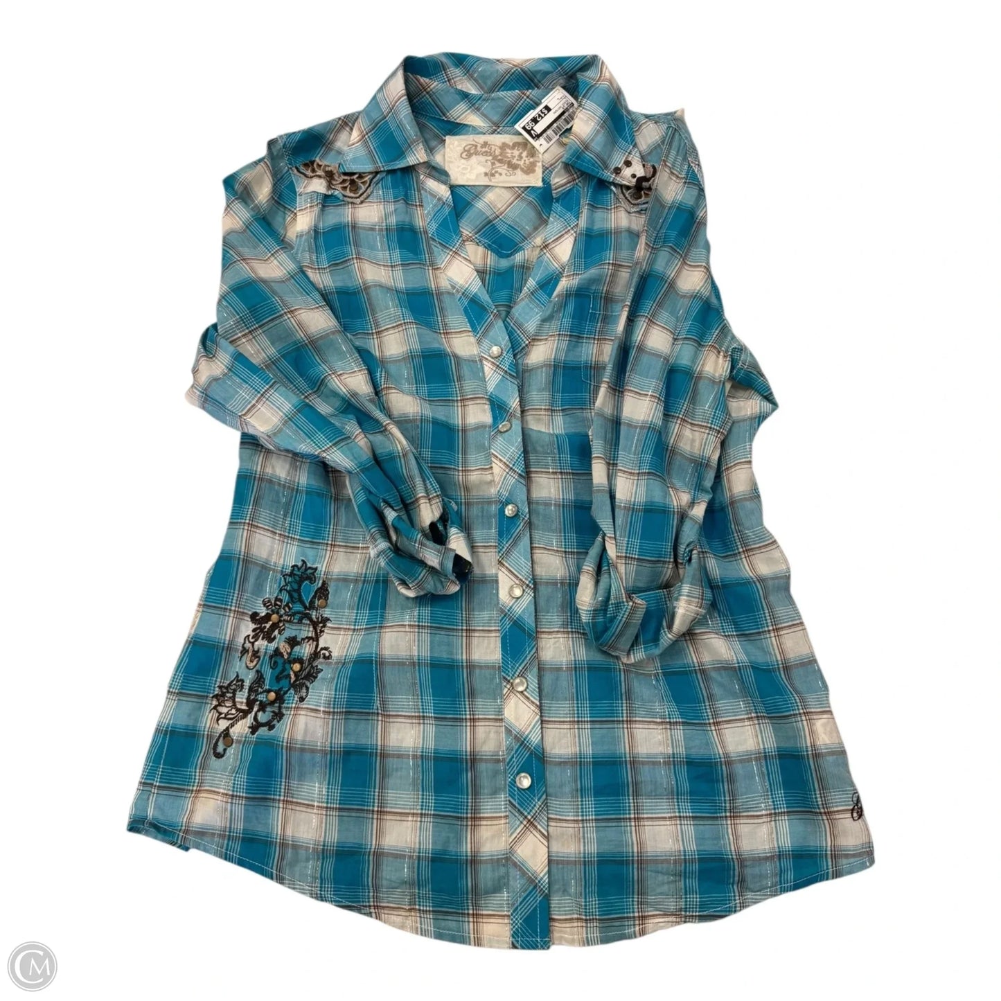Top Long Sleeve By Guess In Plaid Pattern, Size: L