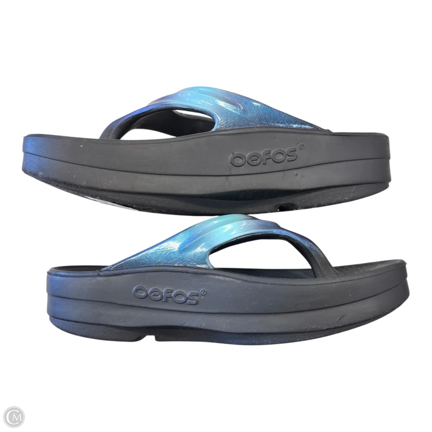Sandals Flip Flops By Oofos In Black & Blue, Size: 10