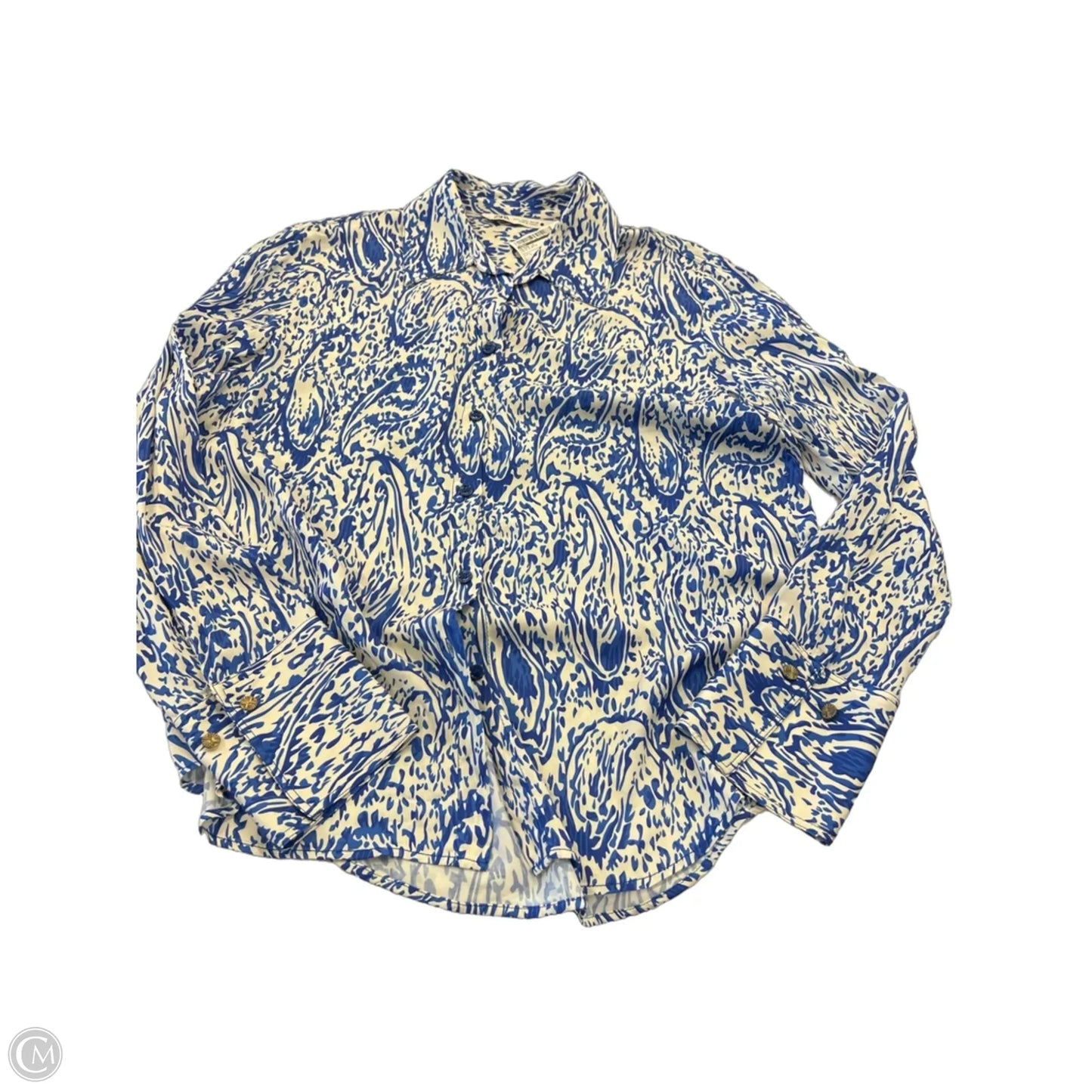 Blouse Long Sleeve By Zara In Blue & White, Size: L