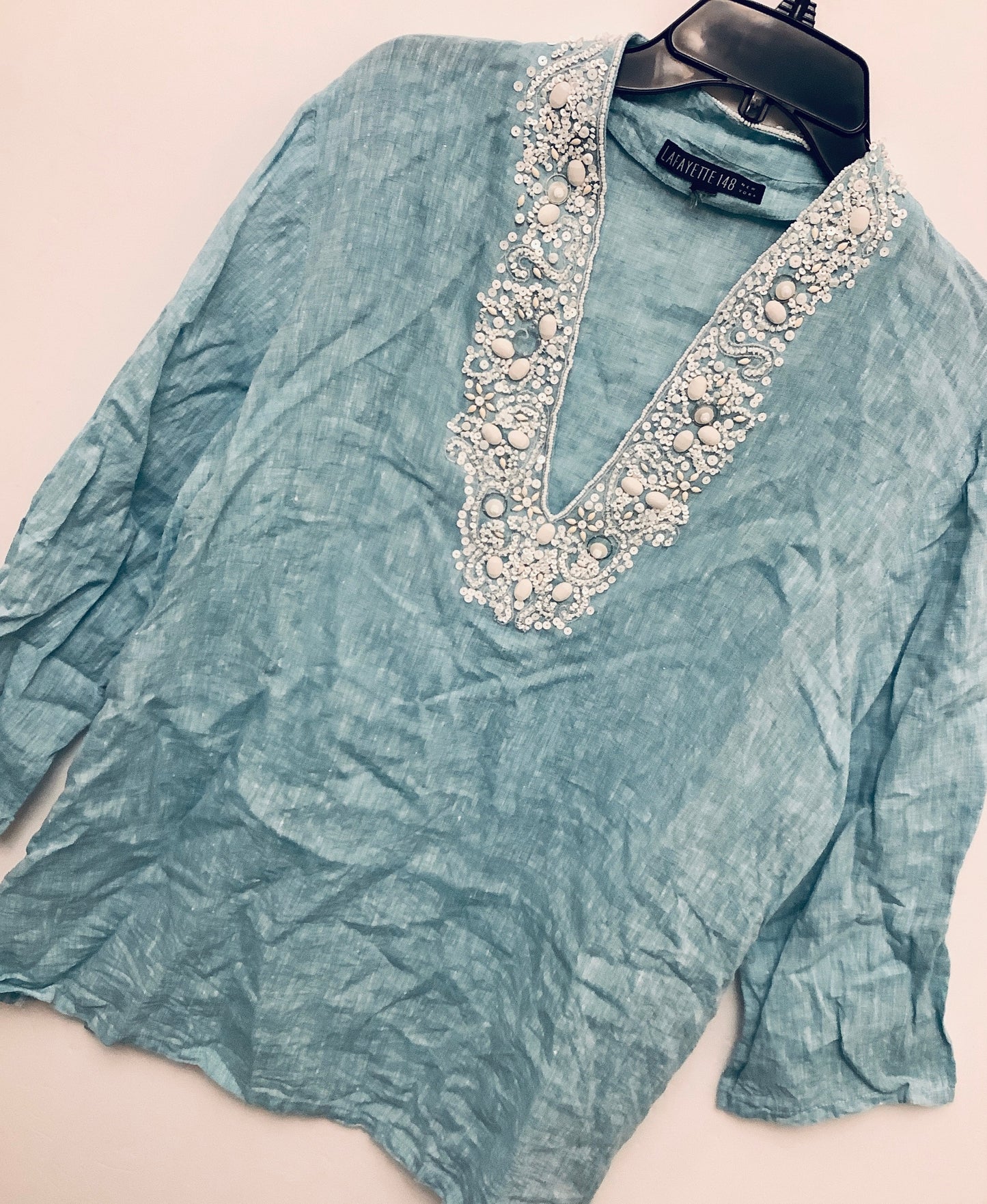 Top Long Sleeve Designer By Lafayette 148 In Teal, Size: L