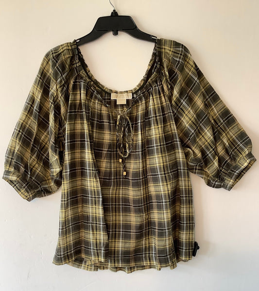 Top Short Sleeve Designer By Michael Kors In Plaid Pattern, Size: Xl