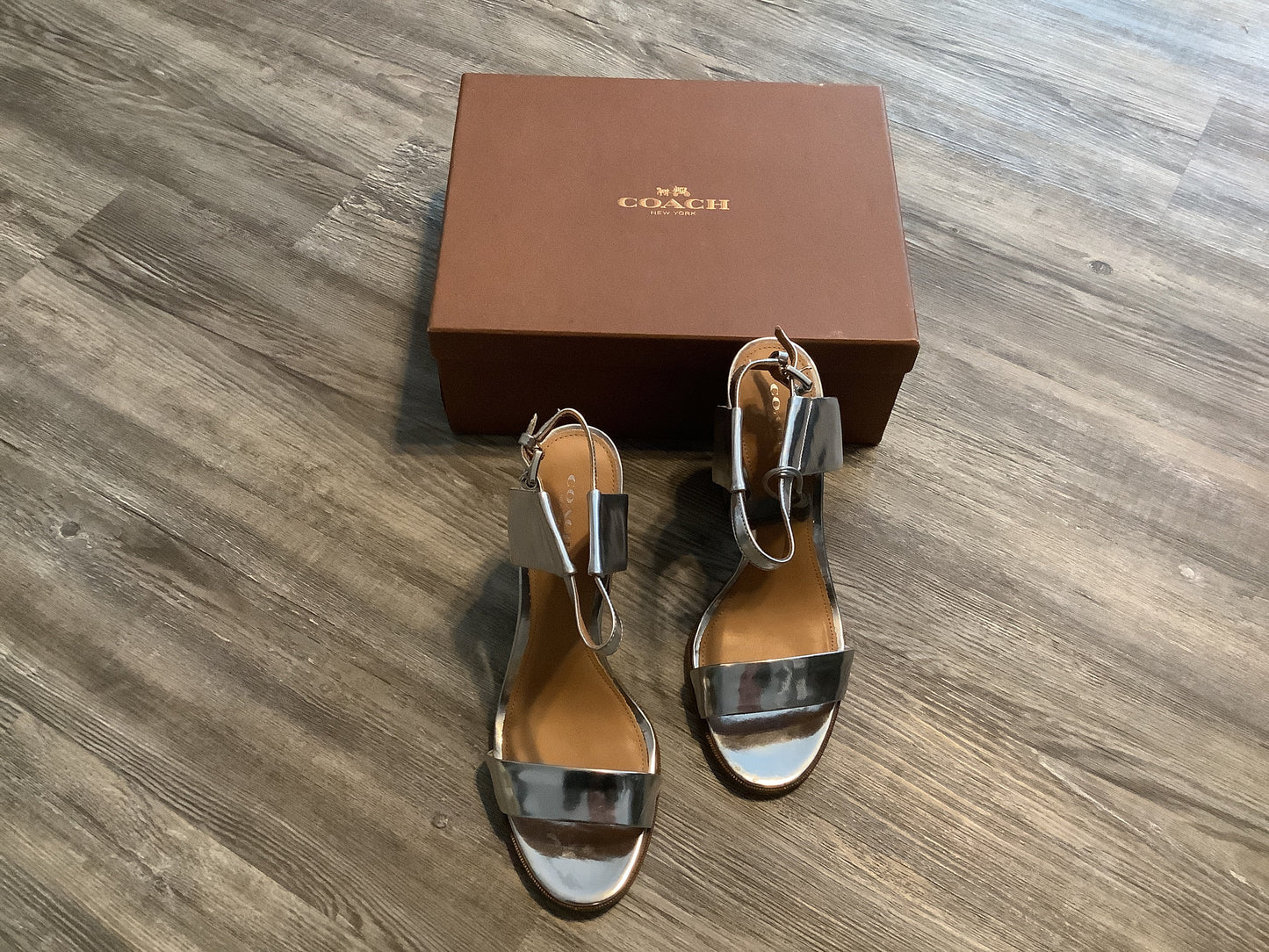 Silver Shoes Heels Block Coach, Size 9.5