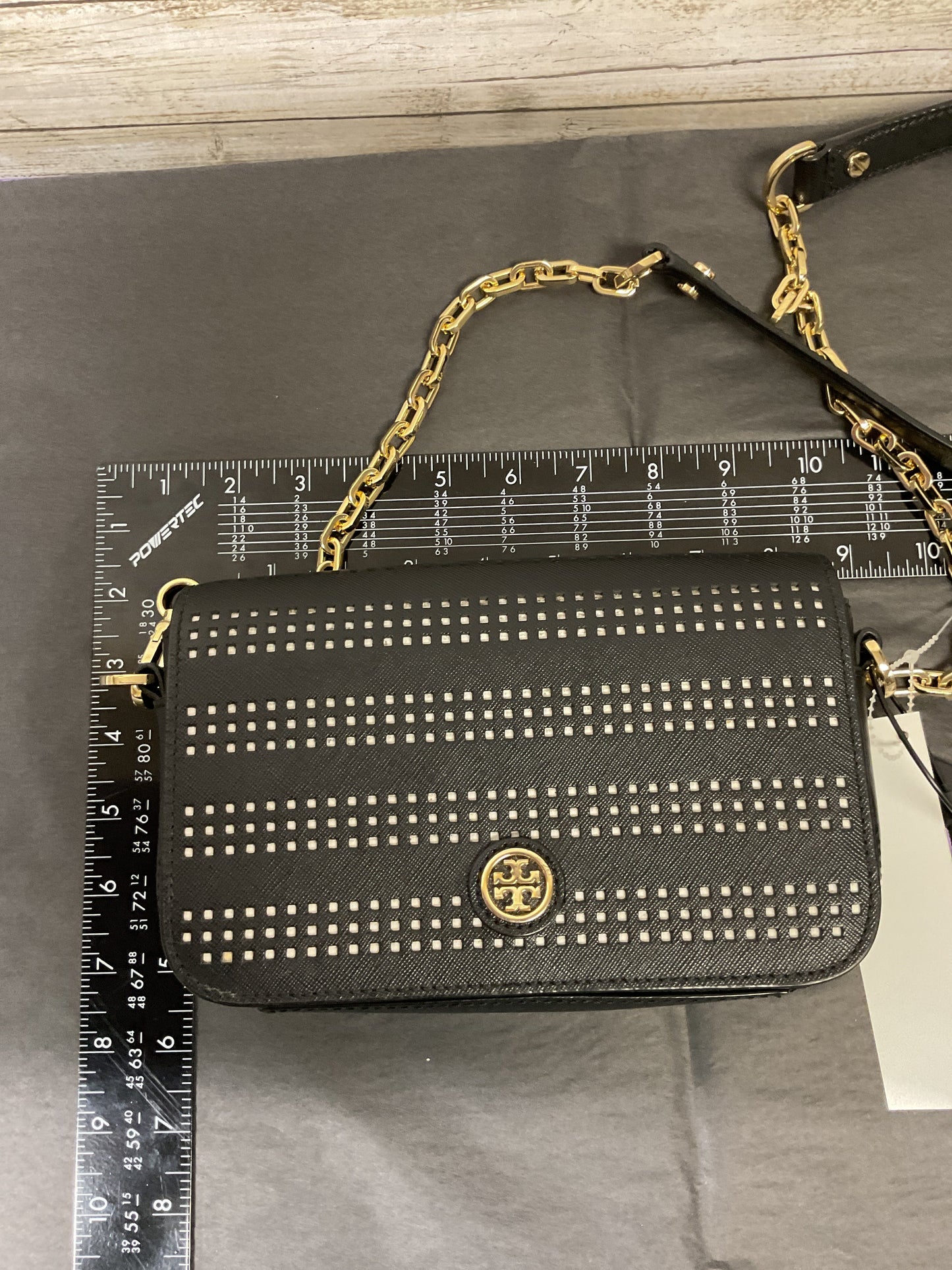 Crossbody Designer By Tory Burch In Black & Gold, Size:Small