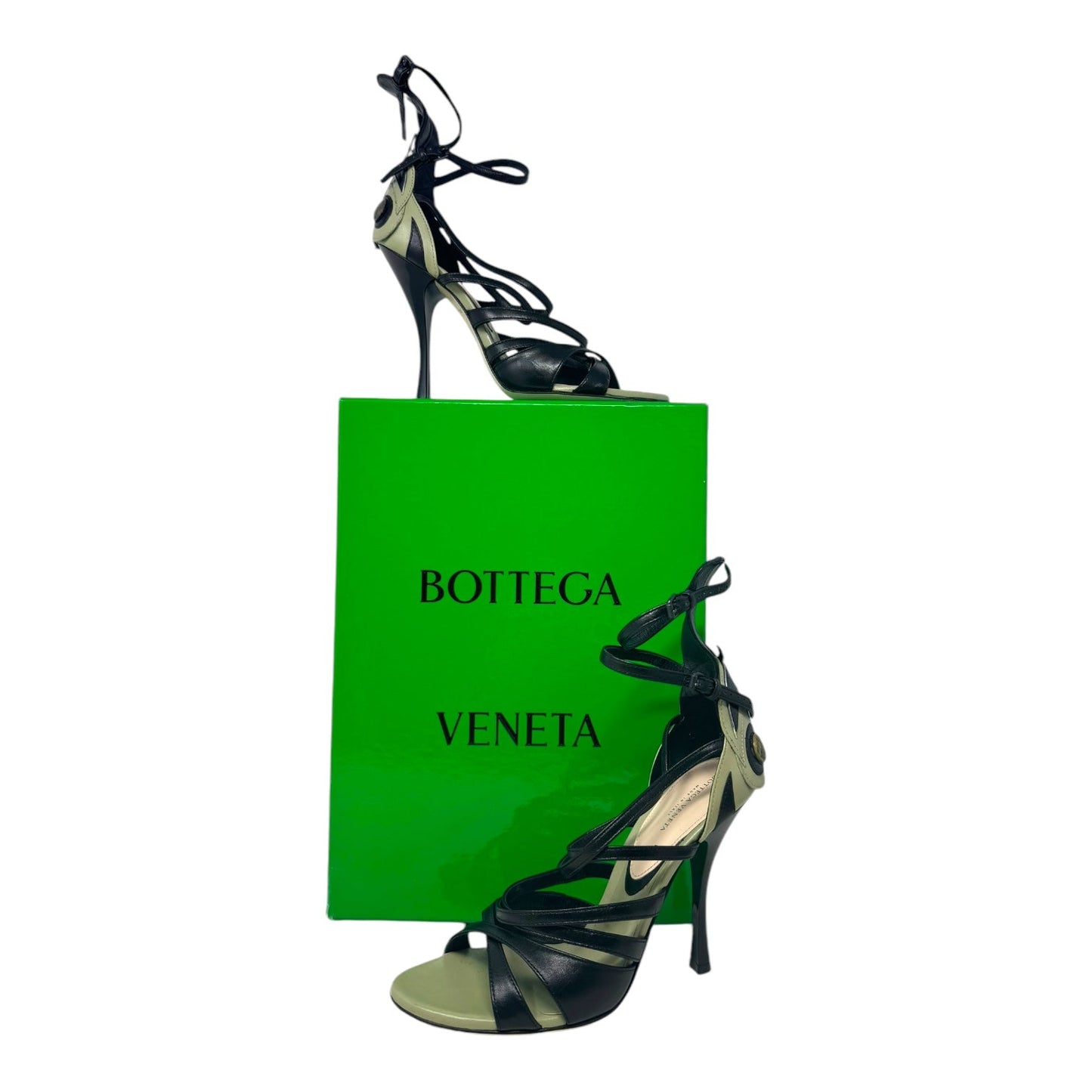 Limited Edition Butterfly Leather Strappy Open Toe Stiletto Sandals Luxury Designer By Bottega Veneta In Black & Olive, Size: 6.5