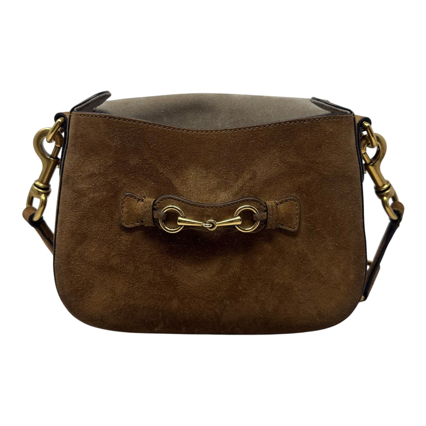 Lady Web Shoulder Bag In New Marron Suede With Antique Gold Horsebit Hardware Luxury Designer By Gucci, Size: Medium