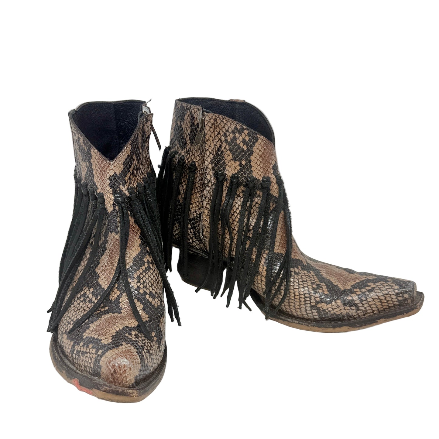 Anahi Fringe Western Snip Toe Booties By Tony Lama In Snakeskin Print, Size: 8.5