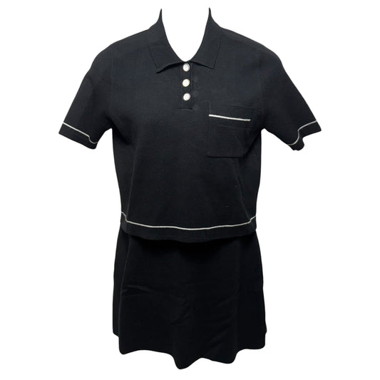 Knit Cropped Polo Sweater & Mini Skirt Set 2pc By Sioni In Black, Size: L