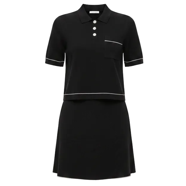 Knit Cropped Polo Sweater & Mini Skirt Set 2pc By Sioni In Black, Size: L