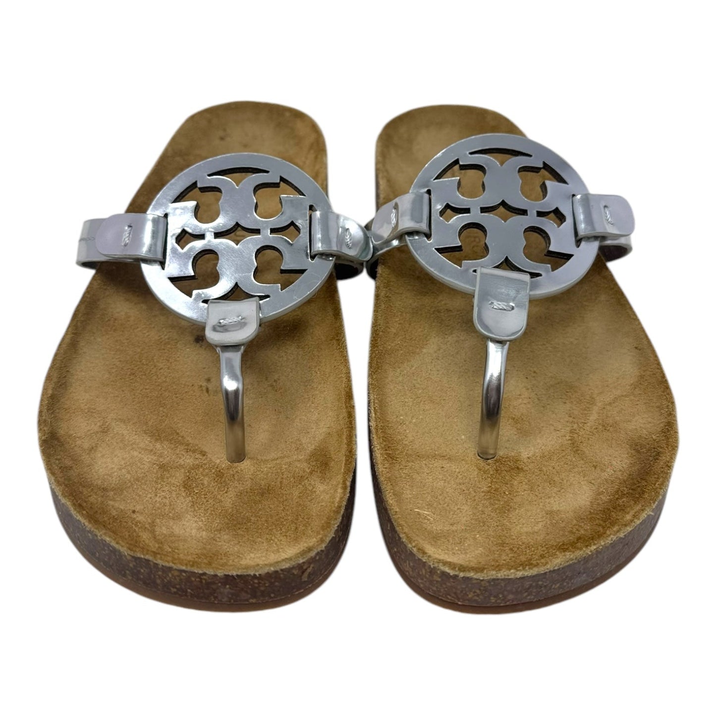 Miller Cloud Logo Sandals Designer By Tory Burch In Silver, Size: 8