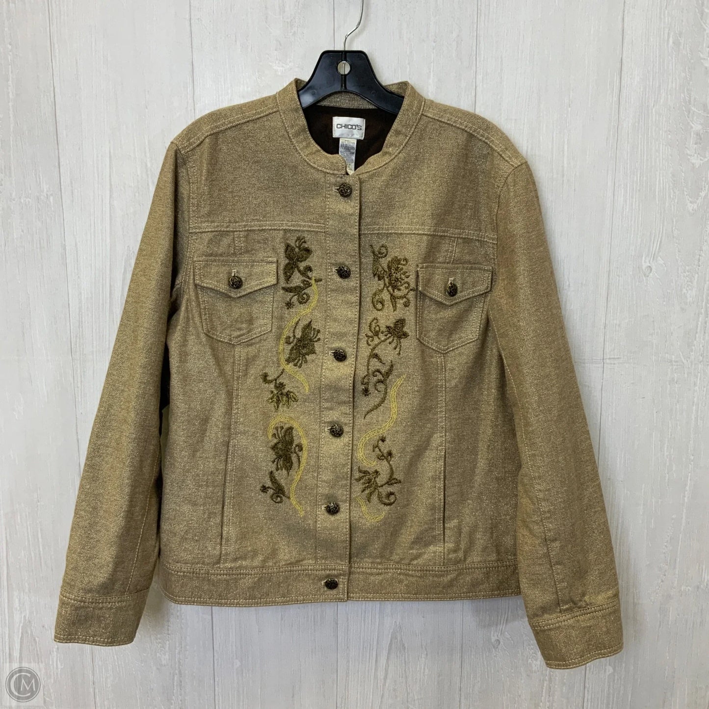 Jacket Denim By Chicos In Gold, Size: L