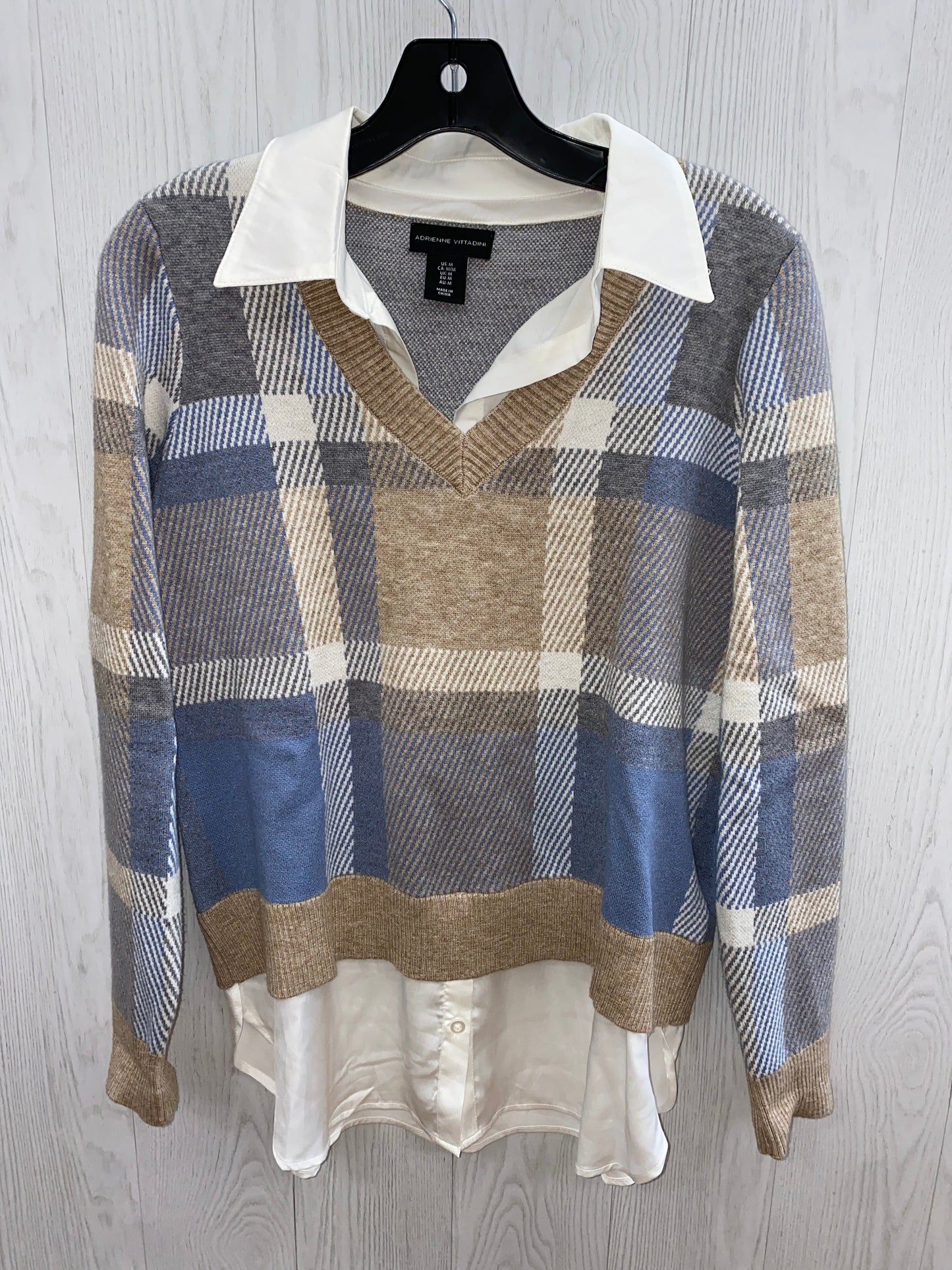 Sweater By Adrienne Vittadini In Blue & Tan, Size: M