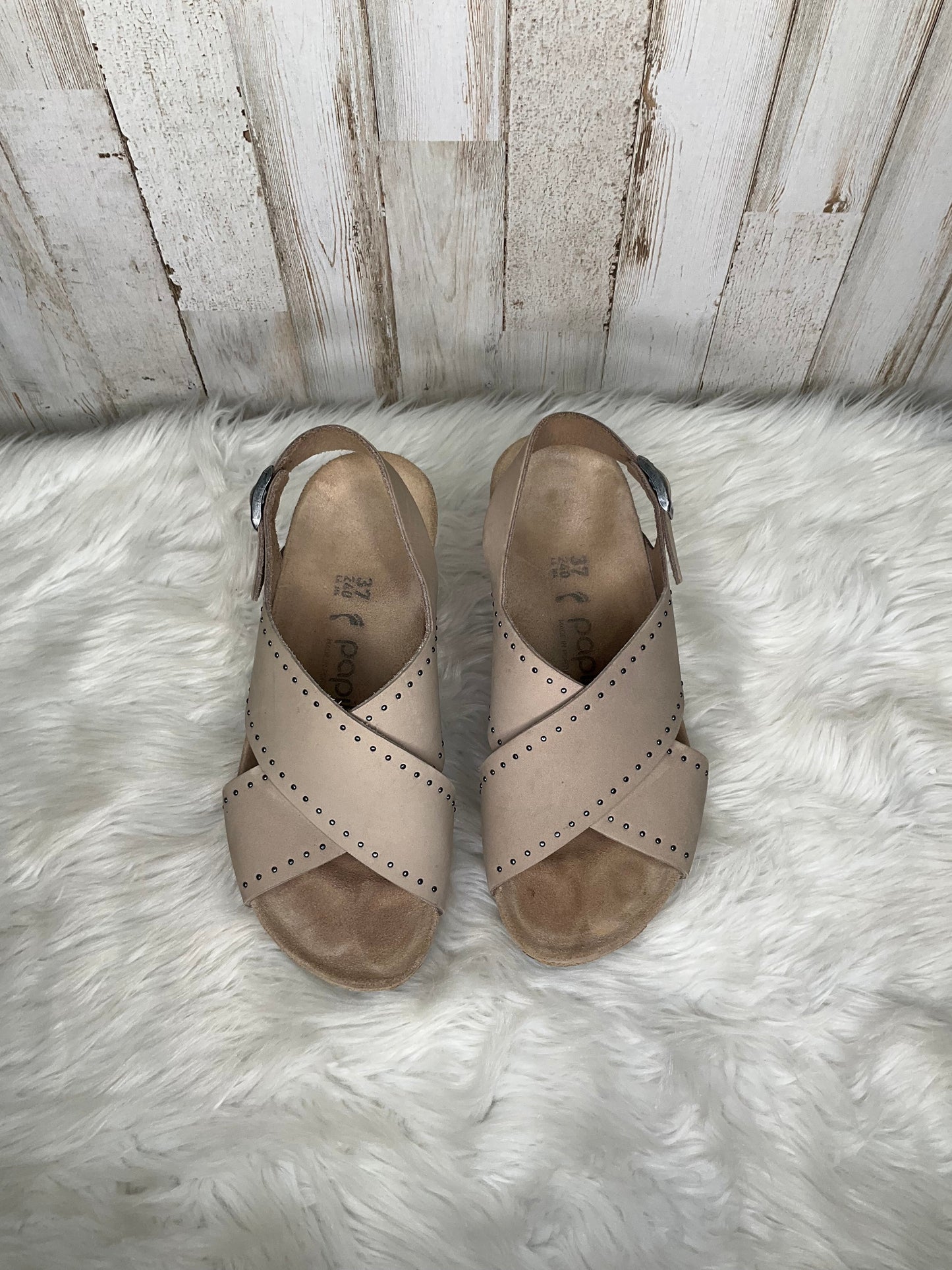 Tan Sandals Heels Wedge Birkenstock, Size 6.5