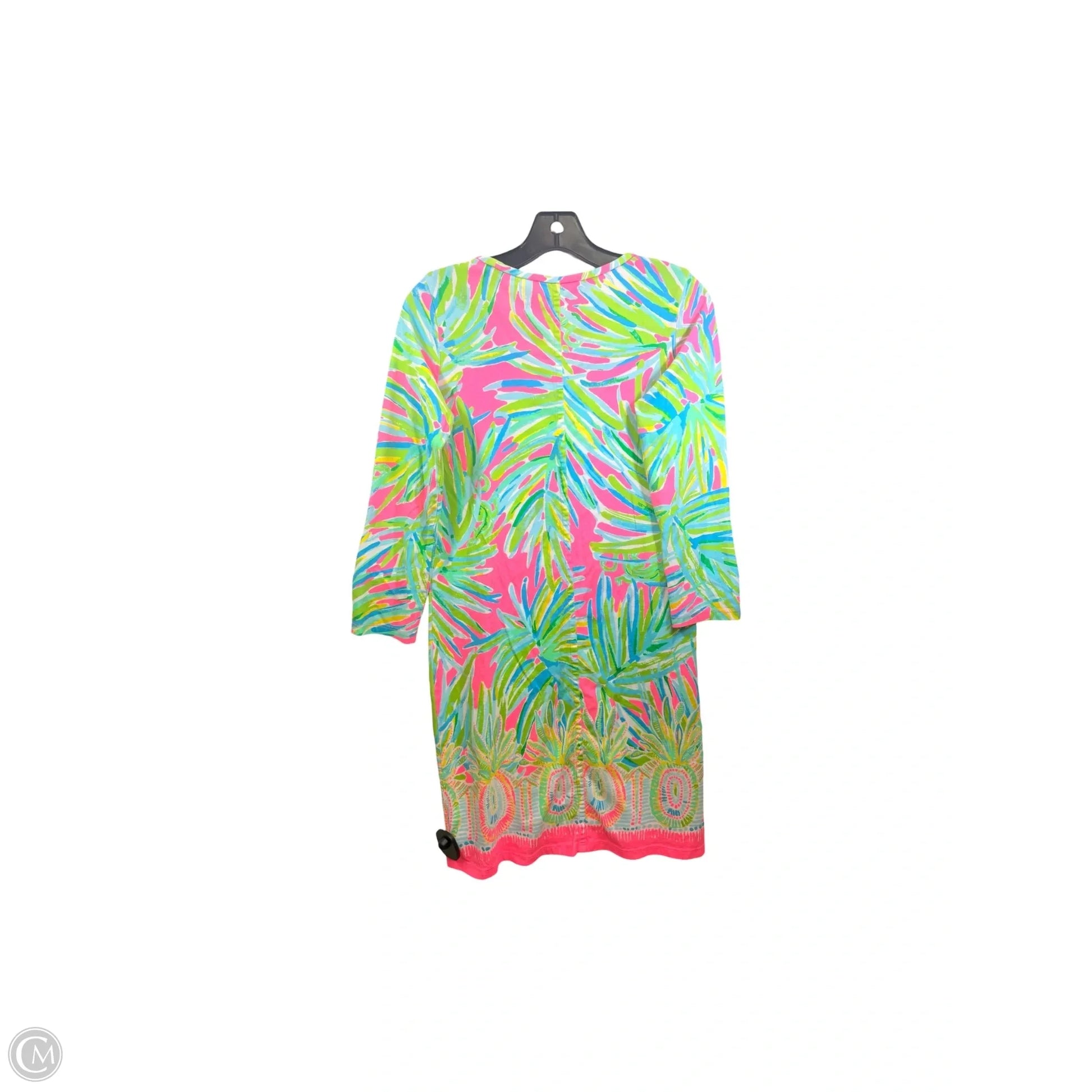 lilly pulitzer pink and green dress Alyssa Hibiscus Shift Cotton Floral Medium popover shirtdress with a collar and tall ruffle at the hem 90's Green & Hot Pink