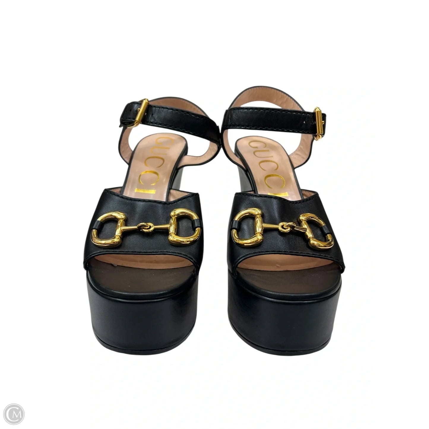 Sandals Luxury Designer By Gucci In Black & Gold, Size: 10.5