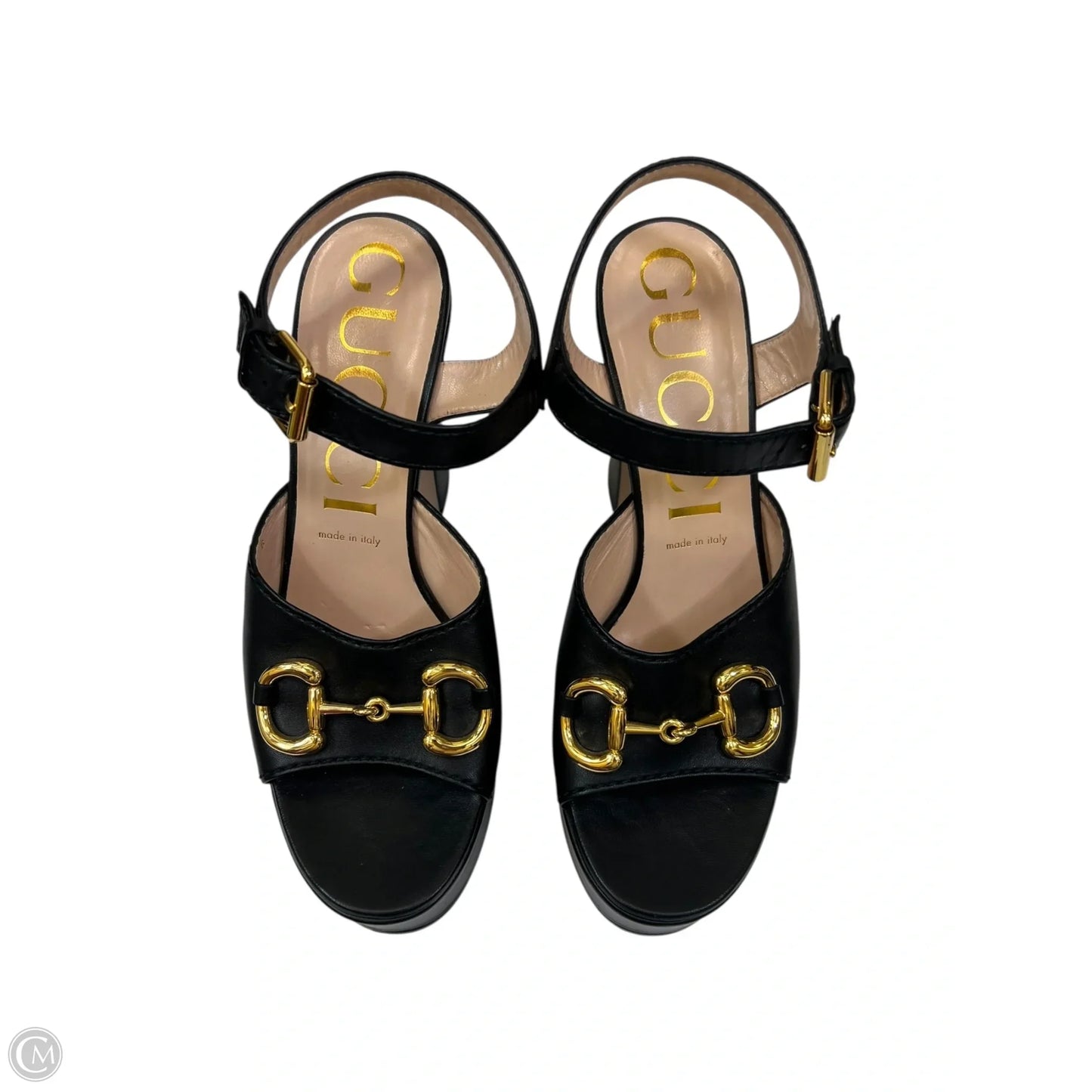 Sandals Luxury Designer By Gucci In Black & Gold, Size: 10.5