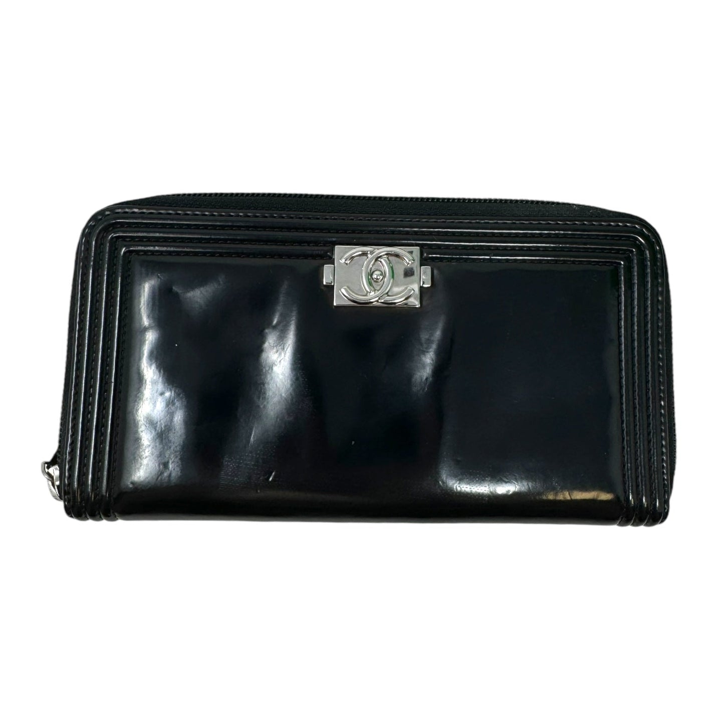 Boy Zippy Black Patent Long Wallet Luxury Designer By Chanel, Size: Large