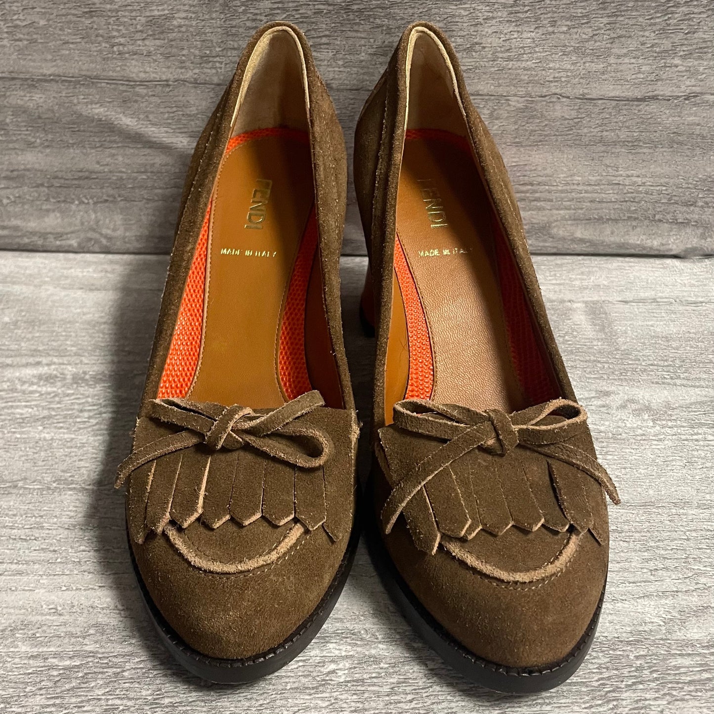 Shoes Luxury Designer By Fendi In Orange & Tan, Size: 6