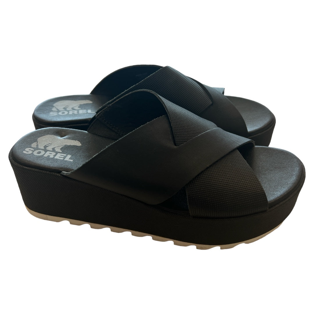 Black Sandals Heels Platform Sorel, Size 8