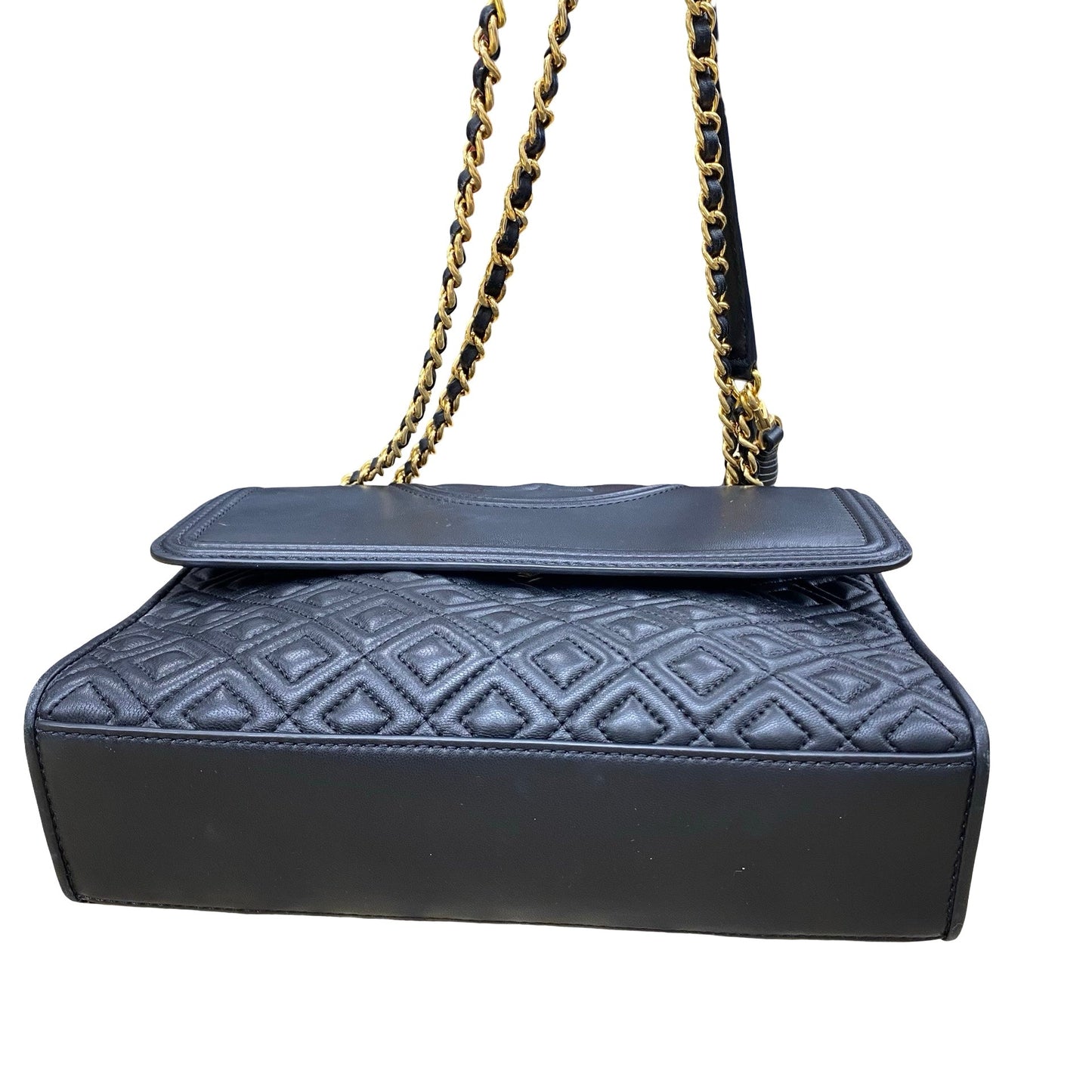 Handbag Designer By Tory Burch In Black & Gold, Size:Medium