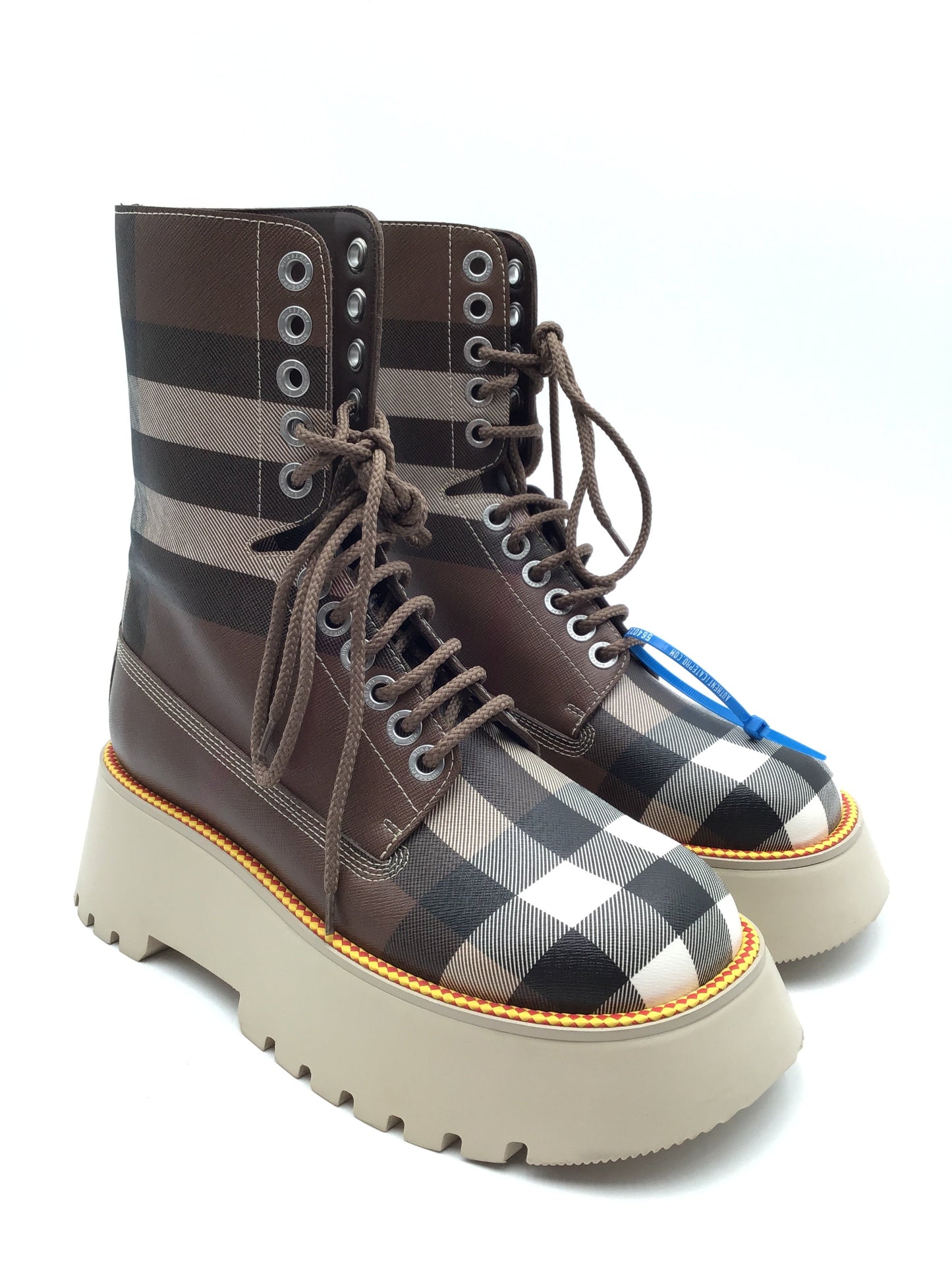 Boots Luxury Designer By Burberry In Plaid Pattern, Size: 9