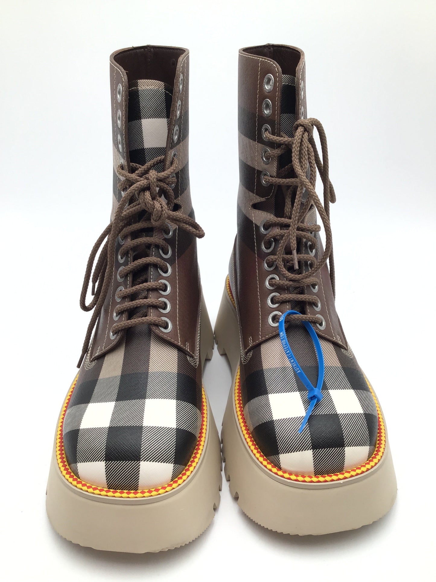 Boots Luxury Designer By Burberry In Plaid Pattern, Size: 9