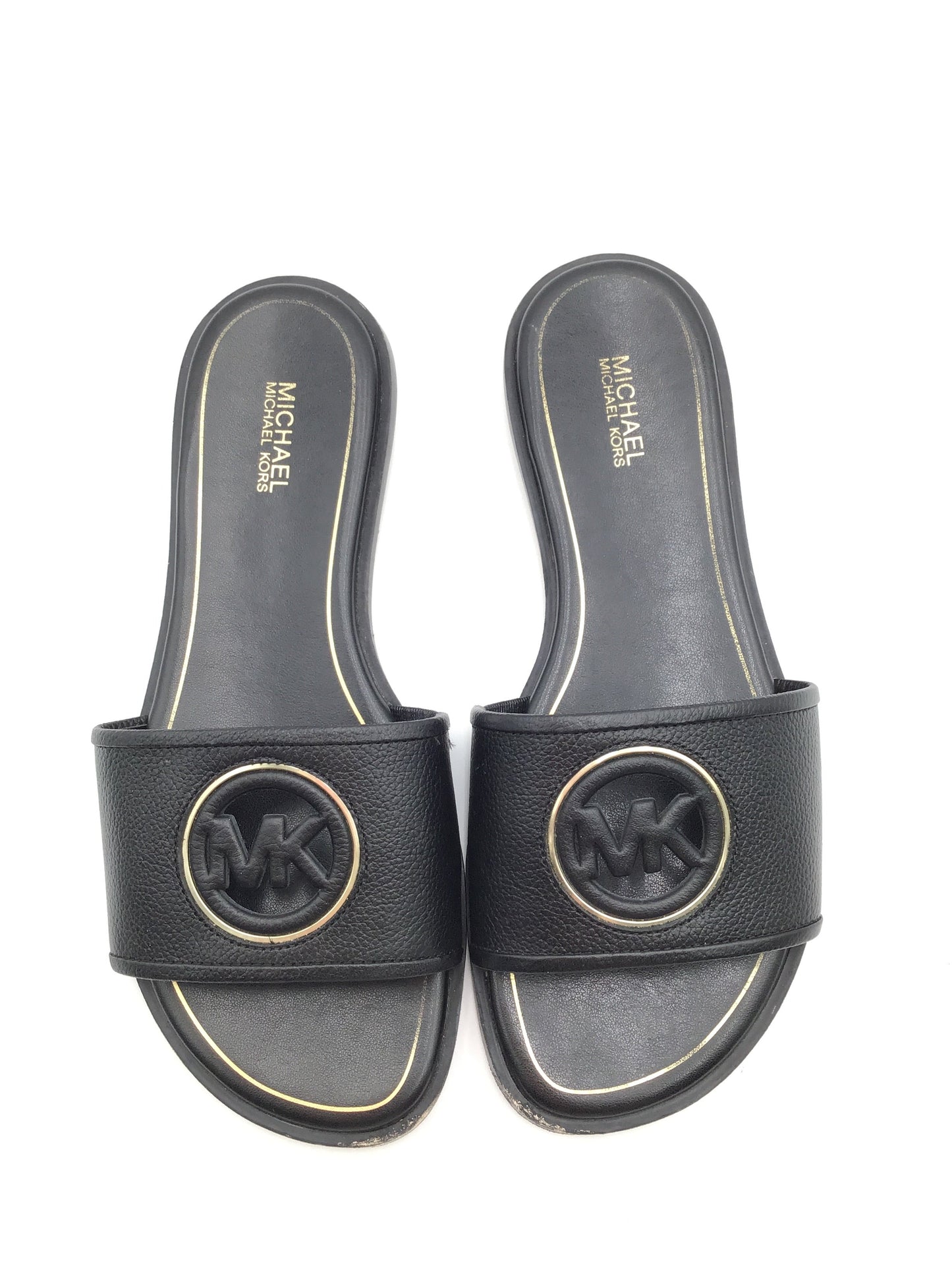 Black & Gold Sandals Designer Michael By Michael Kors, Size 7