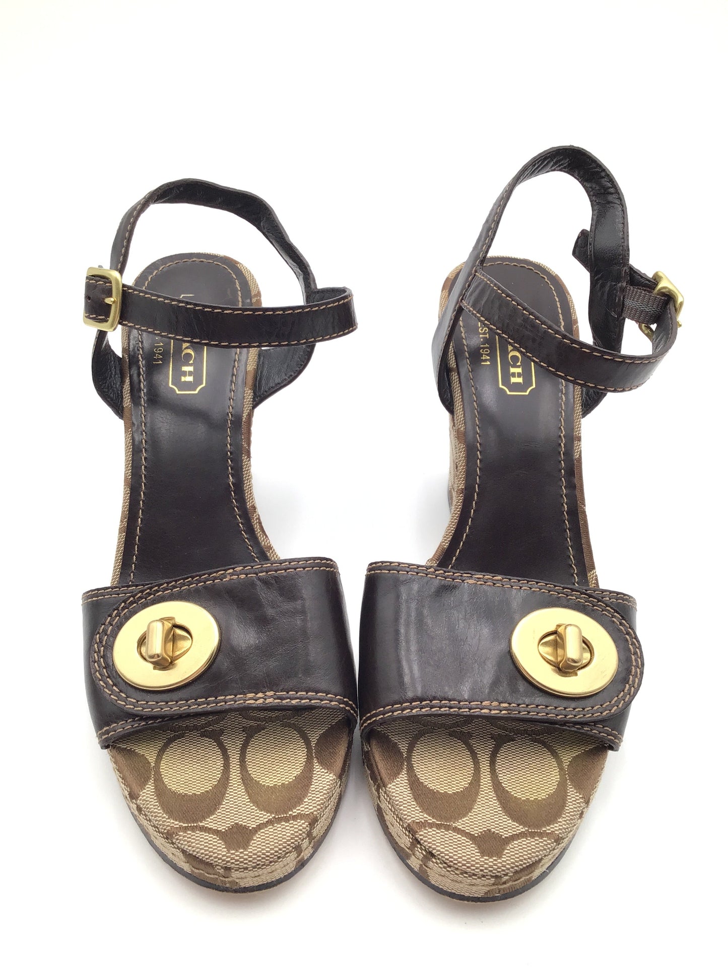 Brown & Cream Sandals Heels Wedge Coach, Size 7.5