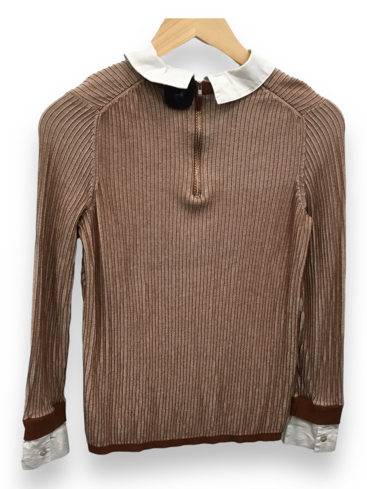 Brown & White Top Long Sleeve Foxcroft, Size Petite   S