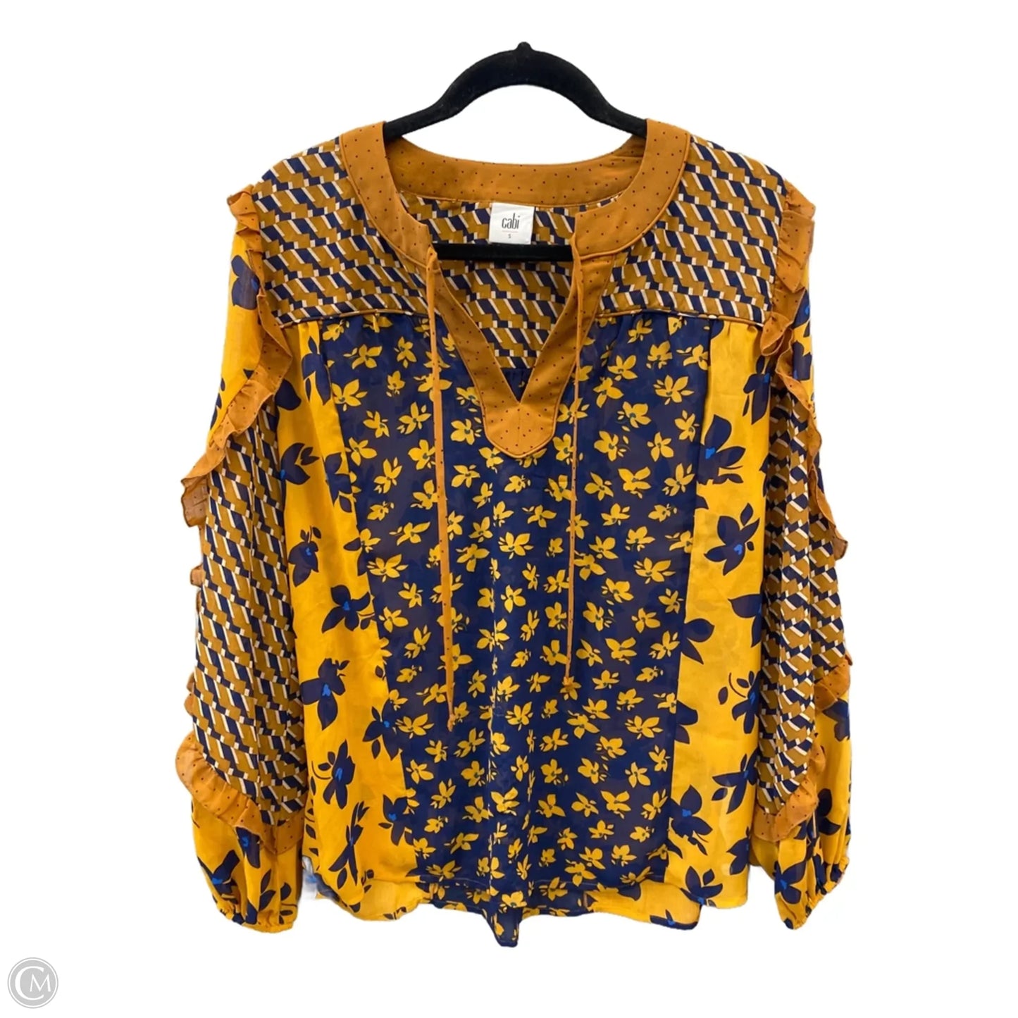 Blouse Long Sleeve By Cabi In Blue & Cream, Size: S