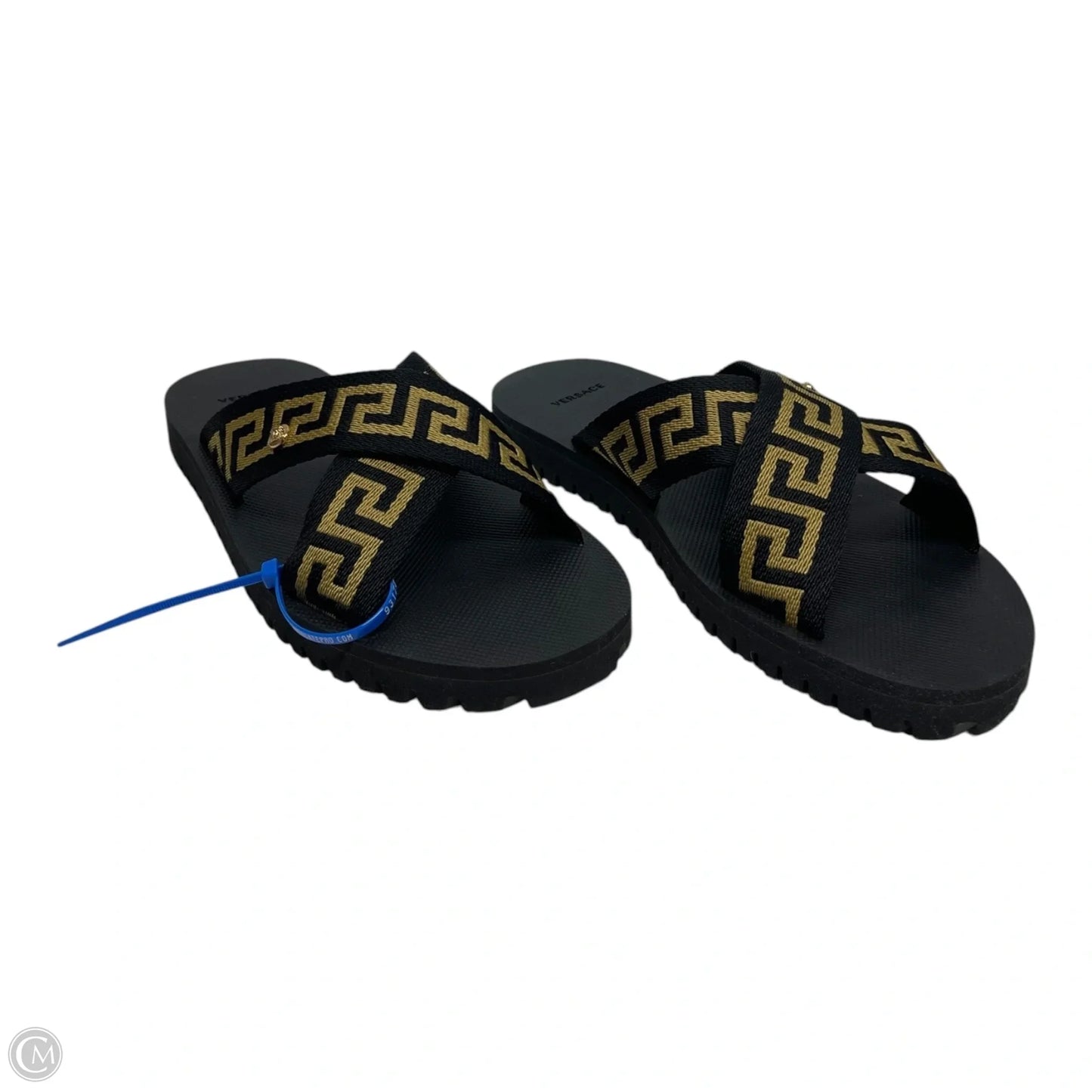Sandals Luxury Designer By Versace In Black & Gold, Size: 9